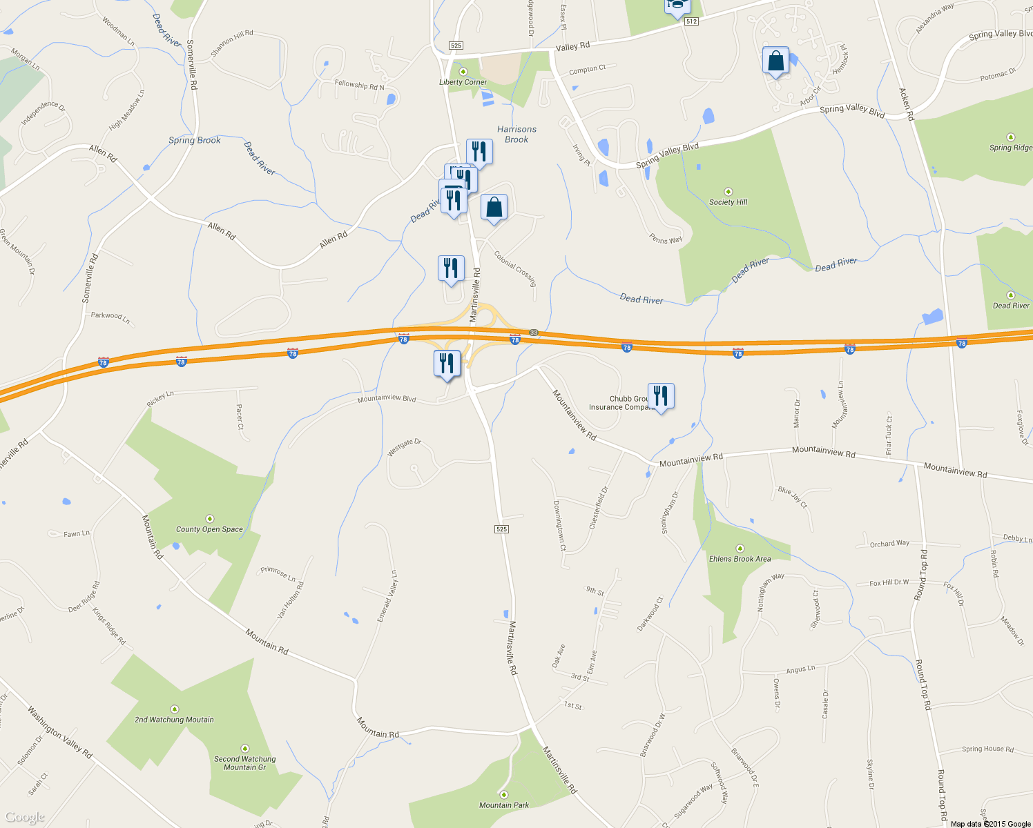 map of restaurants, bars, coffee shops, grocery stores, and more near 144 Liberty Corner Road in Warren