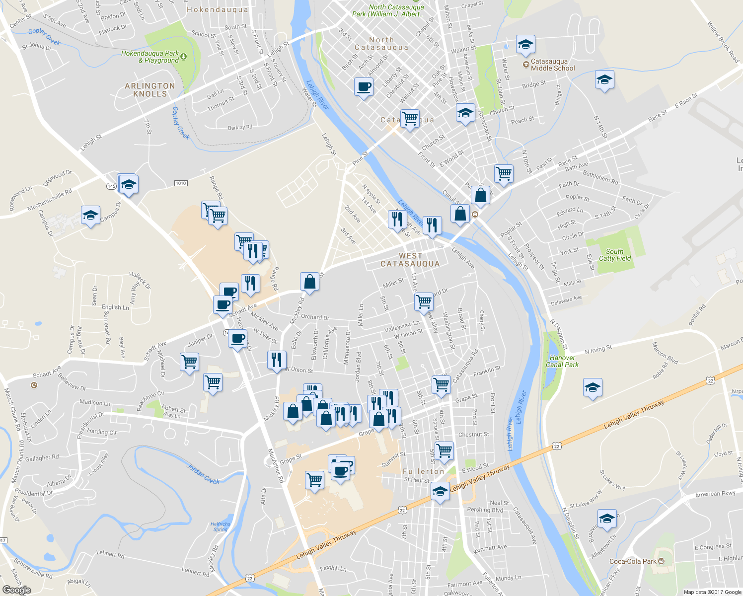 map of restaurants, bars, coffee shops, grocery stores, and more near 575 Miller Lane in Fullerton