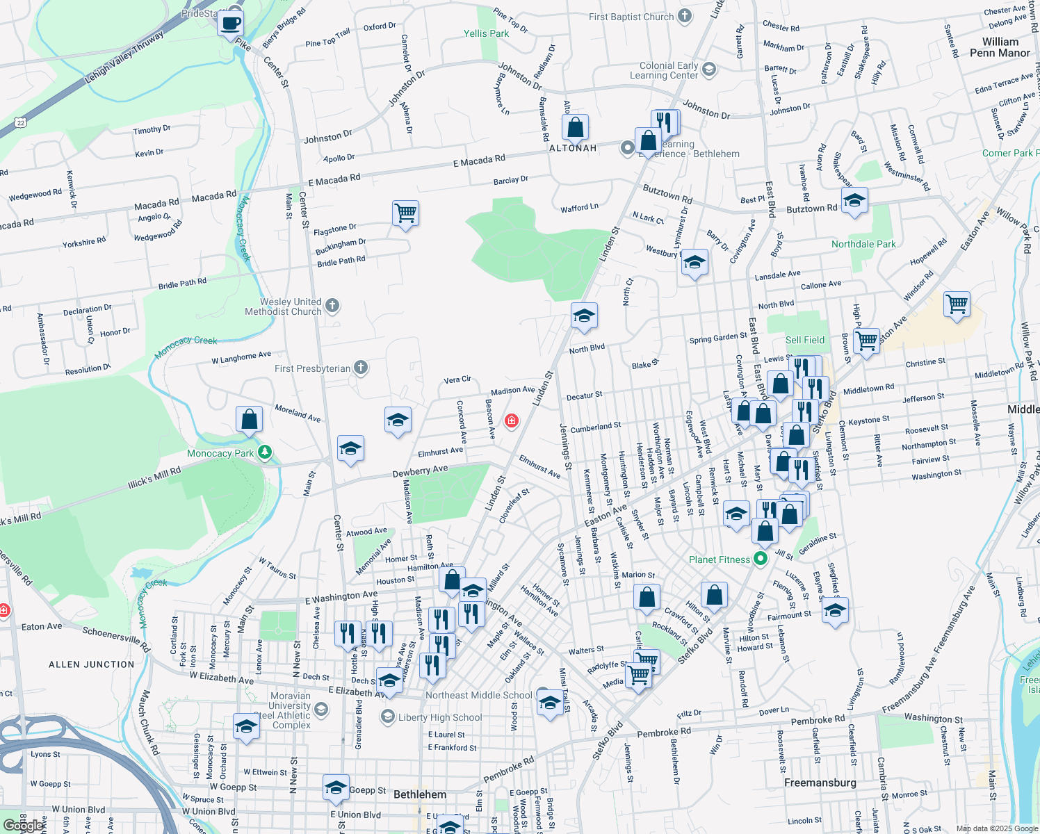 map of restaurants, bars, coffee shops, grocery stores, and more near 2263 Linden Street in Bethlehem