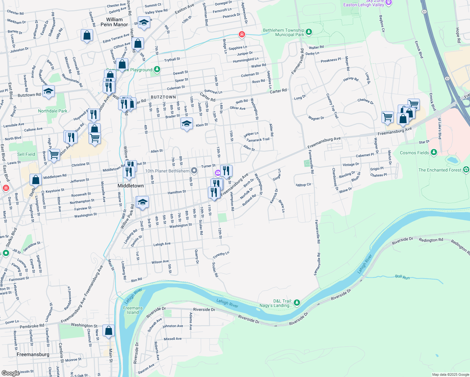 map of restaurants, bars, coffee shops, grocery stores, and more near 3932 Freemansburg Avenue in Bethlehem