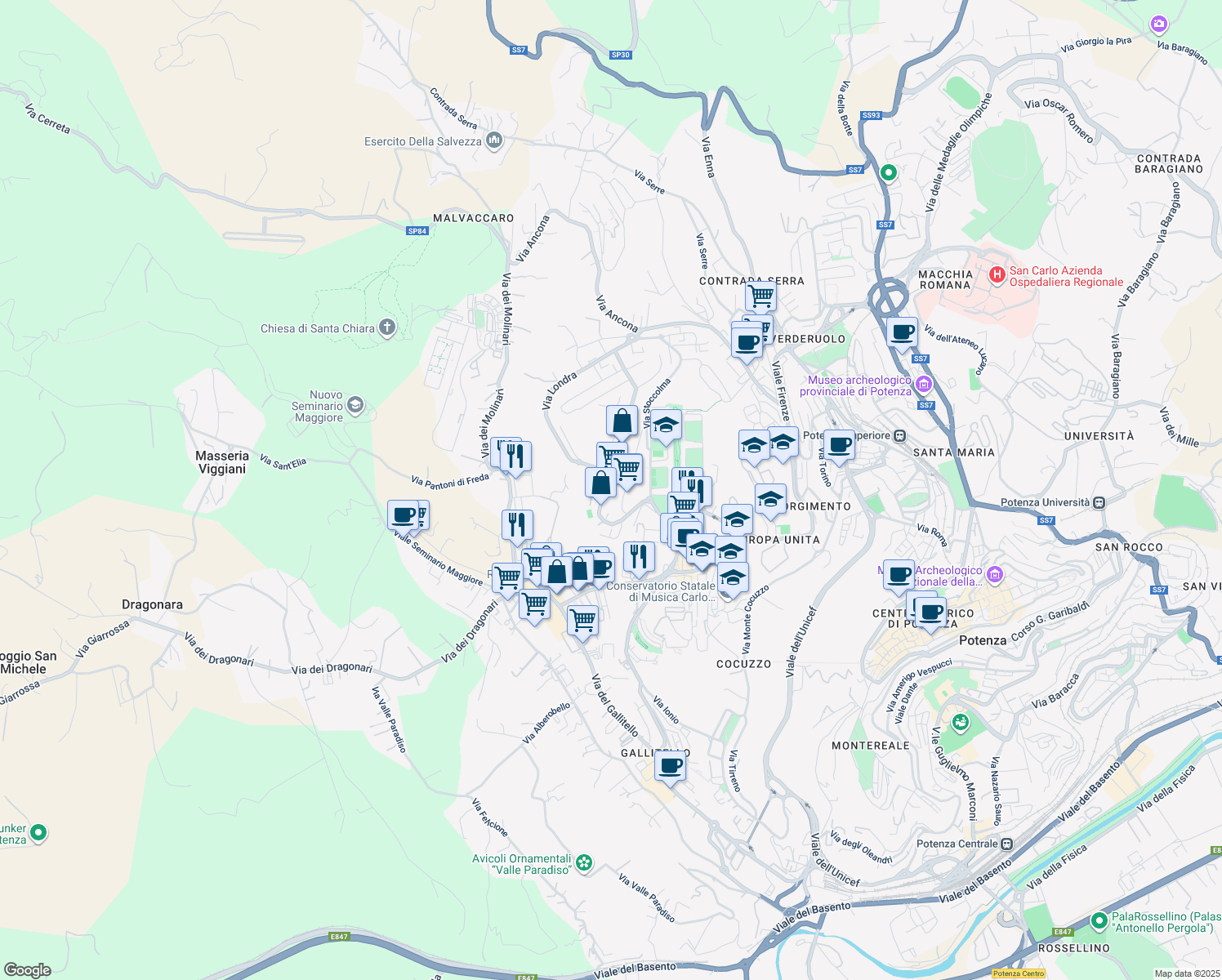 map of restaurants, bars, coffee shops, grocery stores, and more near 38 Via Parigi in Potenza