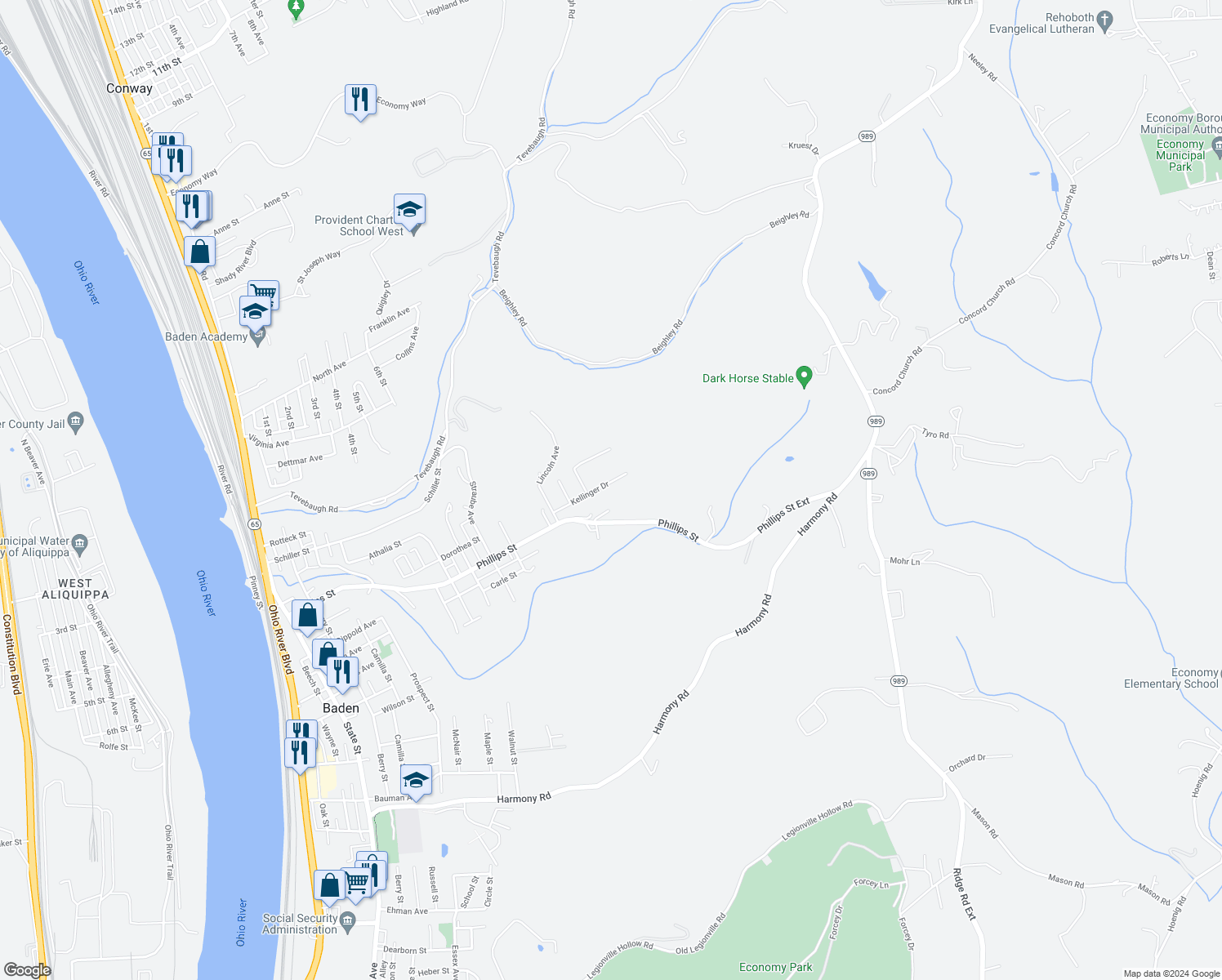 map of restaurants, bars, coffee shops, grocery stores, and more near 1134 Kellinger Drive in Baden