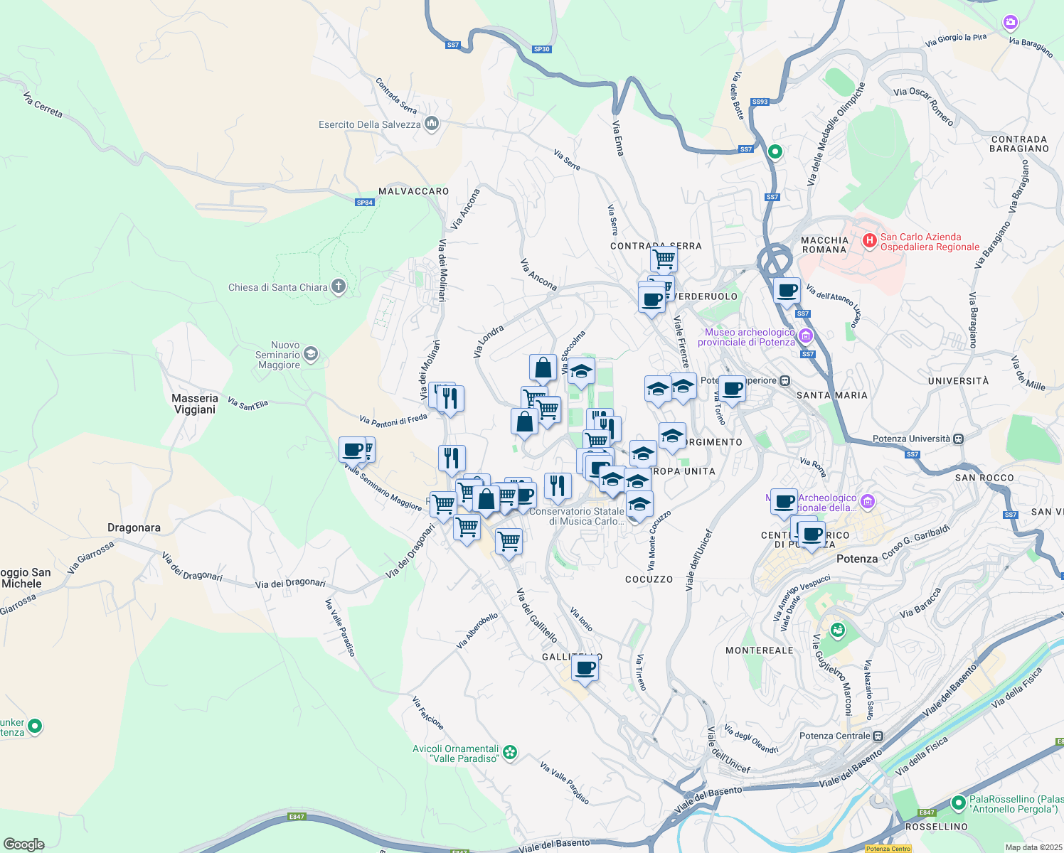 map of restaurants, bars, coffee shops, grocery stores, and more near 38 Via Parigi in Potenza