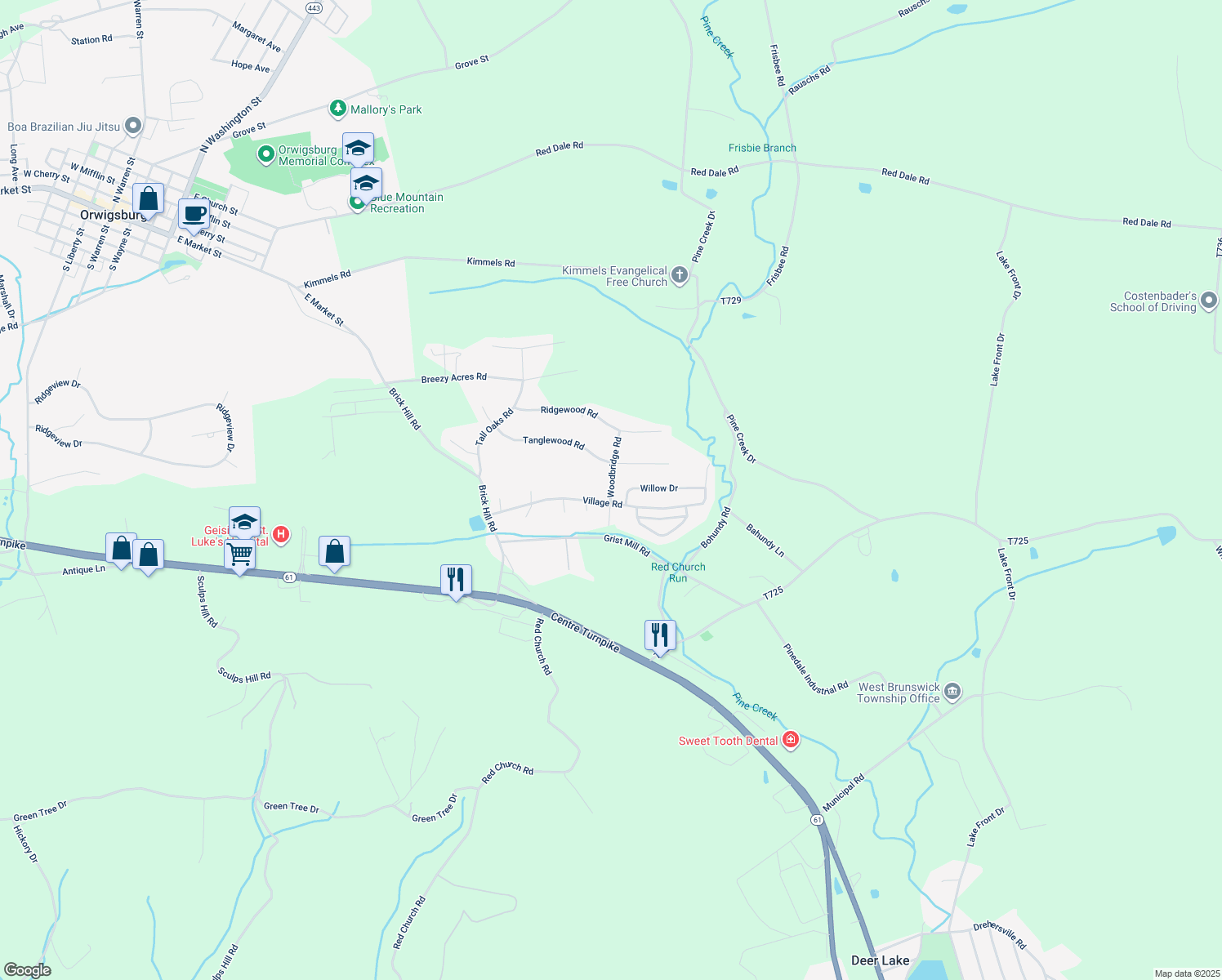 map of restaurants, bars, coffee shops, grocery stores, and more near Woodbridge Road in Orwigsburg