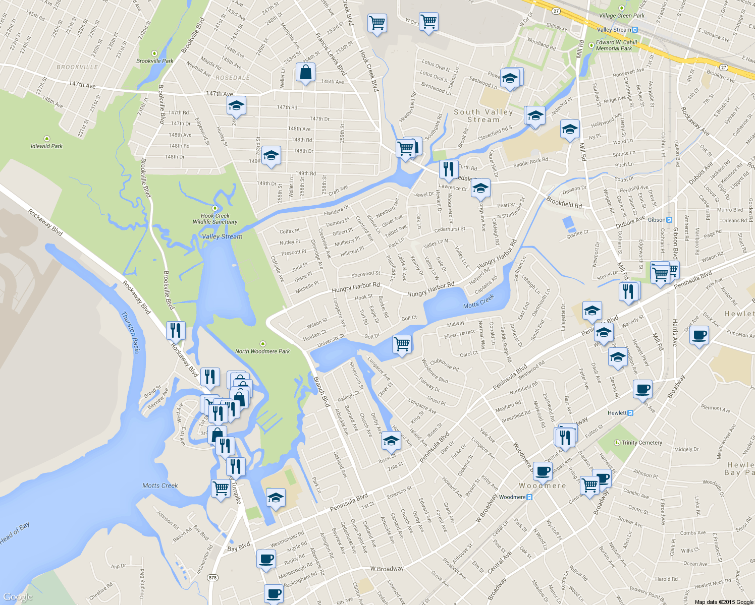 map of restaurants, bars, coffee shops, grocery stores, and more near 765 Bunker Road in Valley Stream