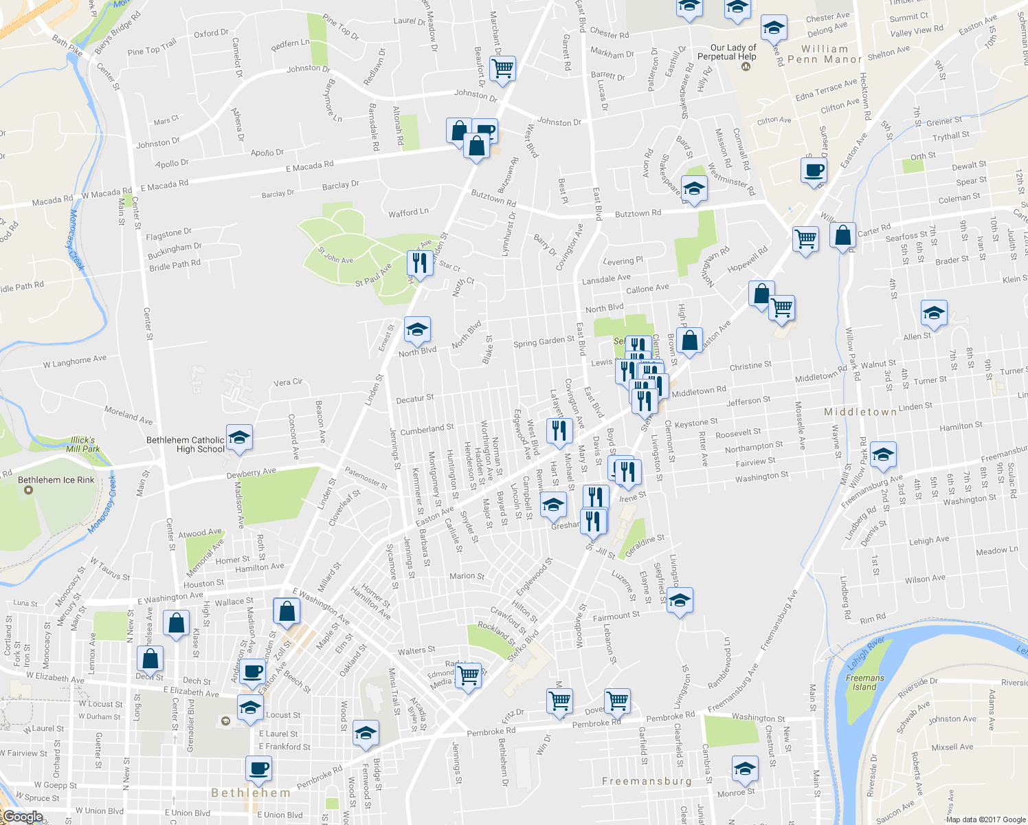 map of restaurants, bars, coffee shops, grocery stores, and more near 2205 Edgewood Ave in Bethlehem