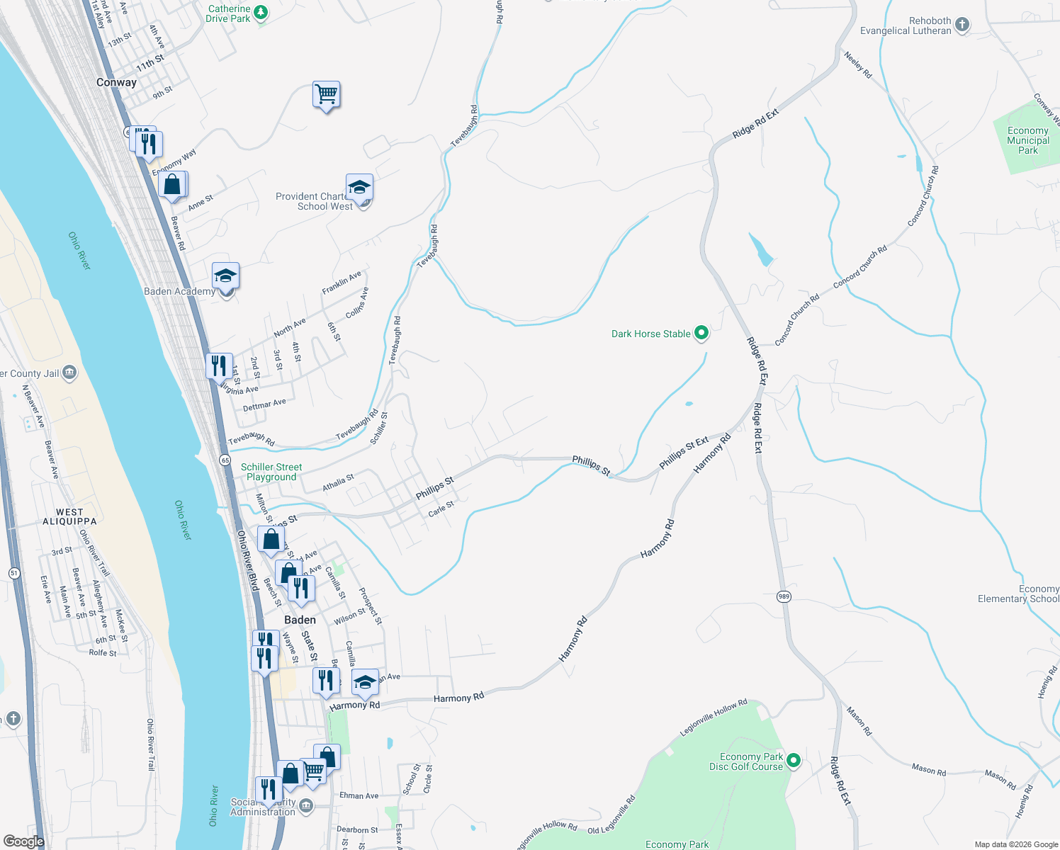 map of restaurants, bars, coffee shops, grocery stores, and more near 1134 Kellinger Drive in Baden