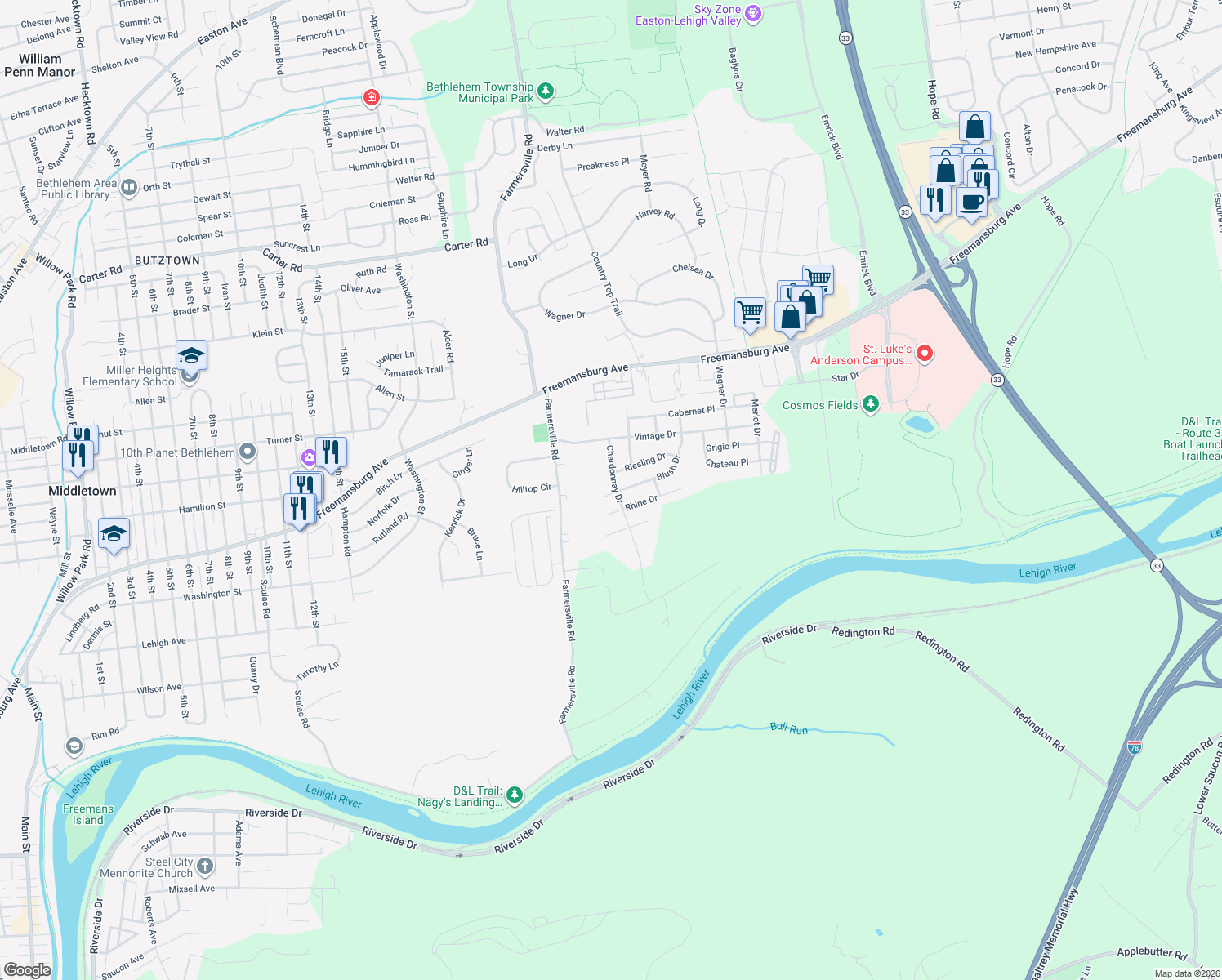 map of restaurants, bars, coffee shops, grocery stores, and more near 1775 Blush Drive in Easton