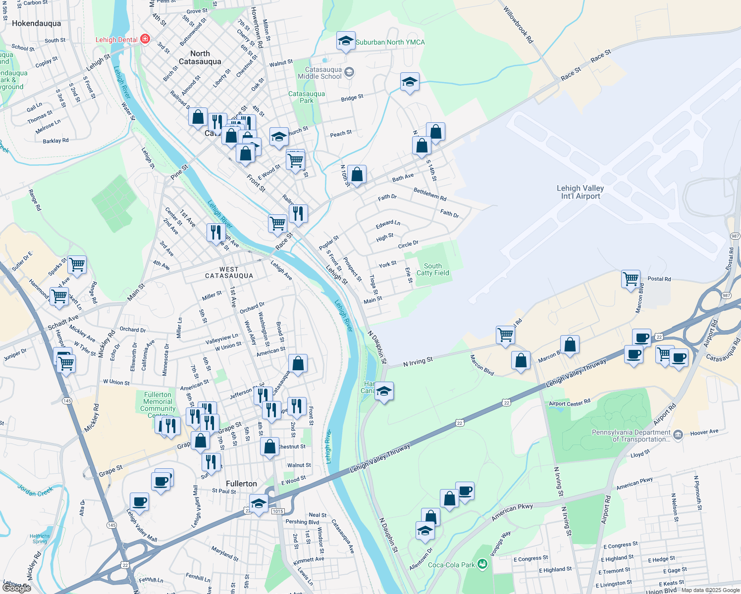 map of restaurants, bars, coffee shops, grocery stores, and more near 138 Main St in Catasauqua