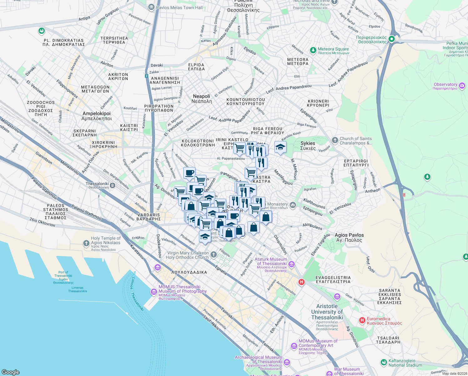 map of restaurants, bars, coffee shops, grocery stores, and more near in Thessaloniki