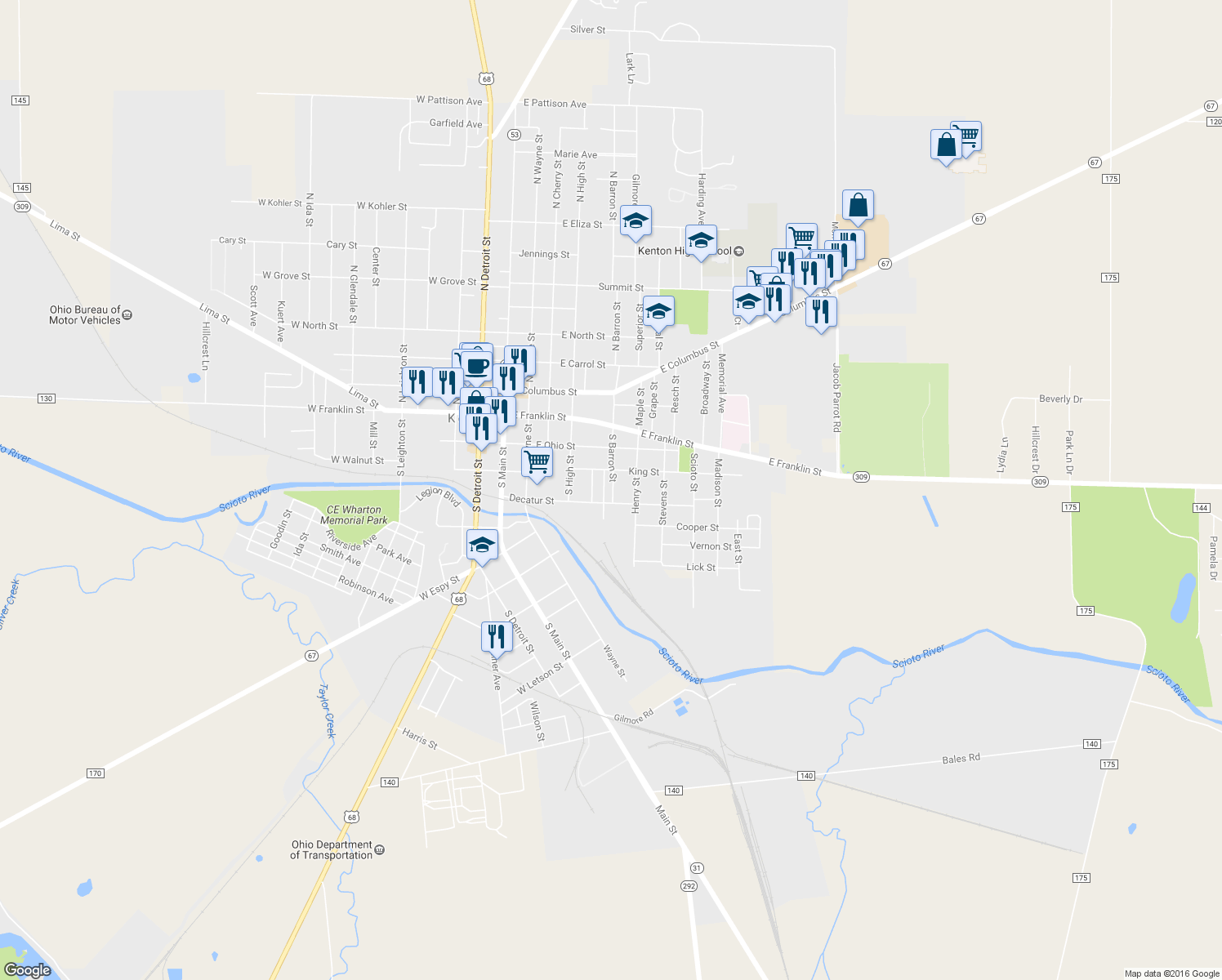 map of restaurants, bars, coffee shops, grocery stores, and more near 354 South Barron Street in Kenton