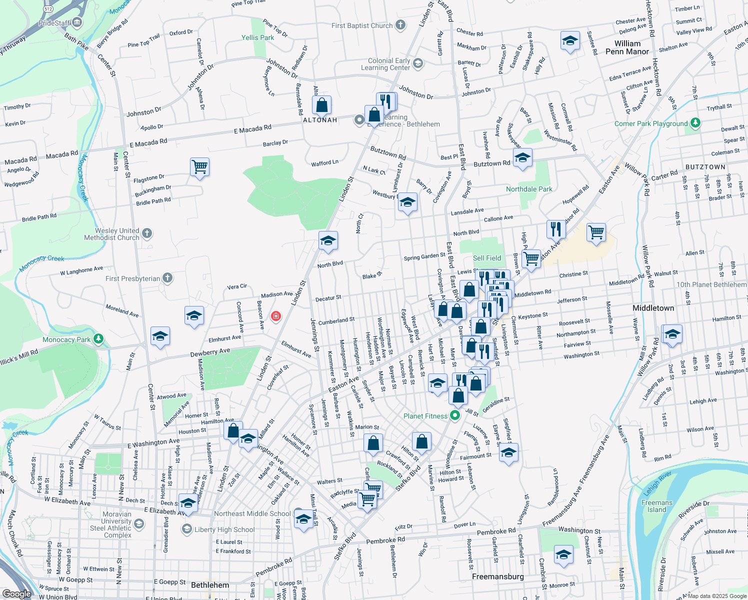 map of restaurants, bars, coffee shops, grocery stores, and more near 2235 Worthington Avenue in Bethlehem