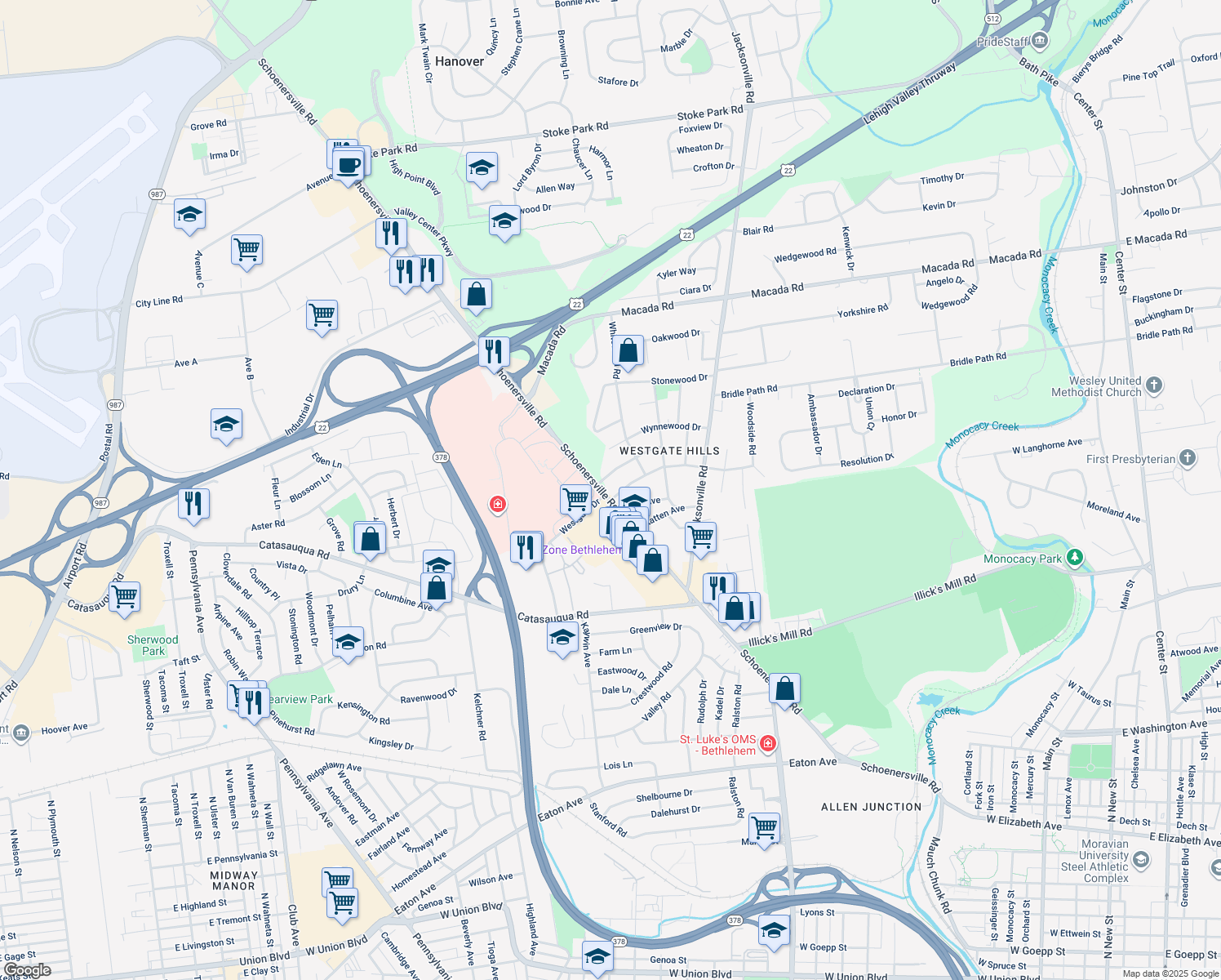 map of restaurants, bars, coffee shops, grocery stores, and more near 2514 Schoenersville Road in Bethlehem