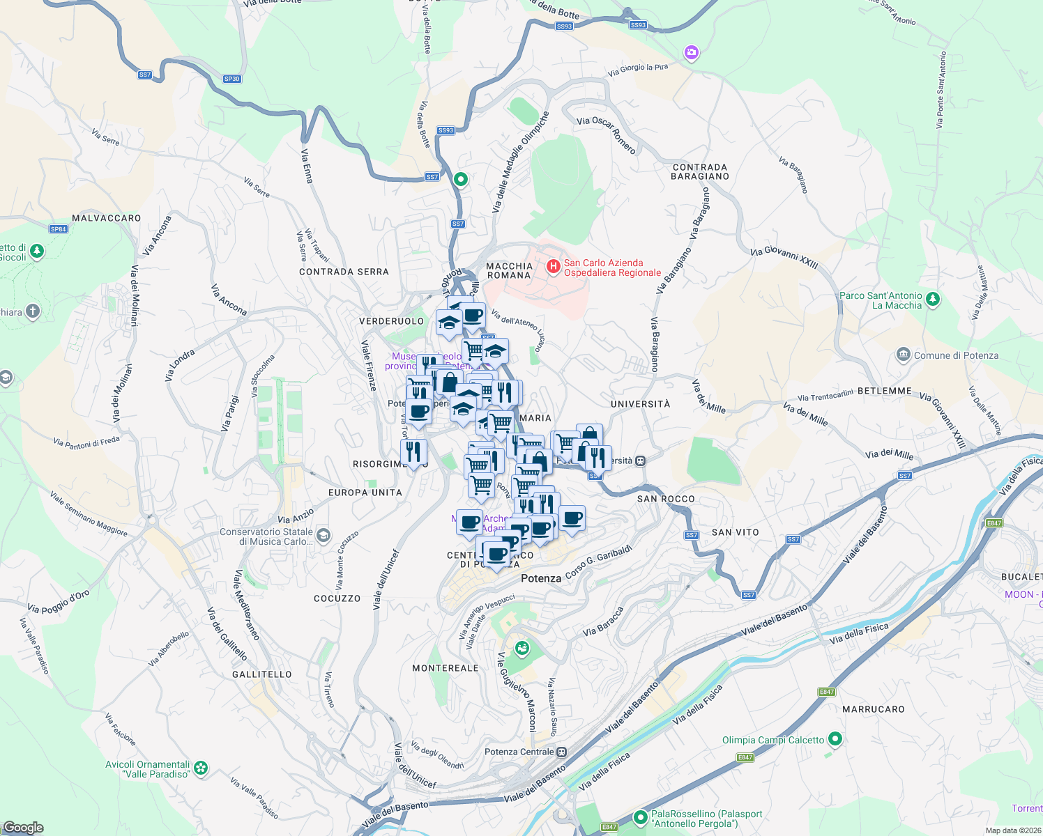 map of restaurants, bars, coffee shops, grocery stores, and more near 2 Via Ettore Ciccotti in Potenza