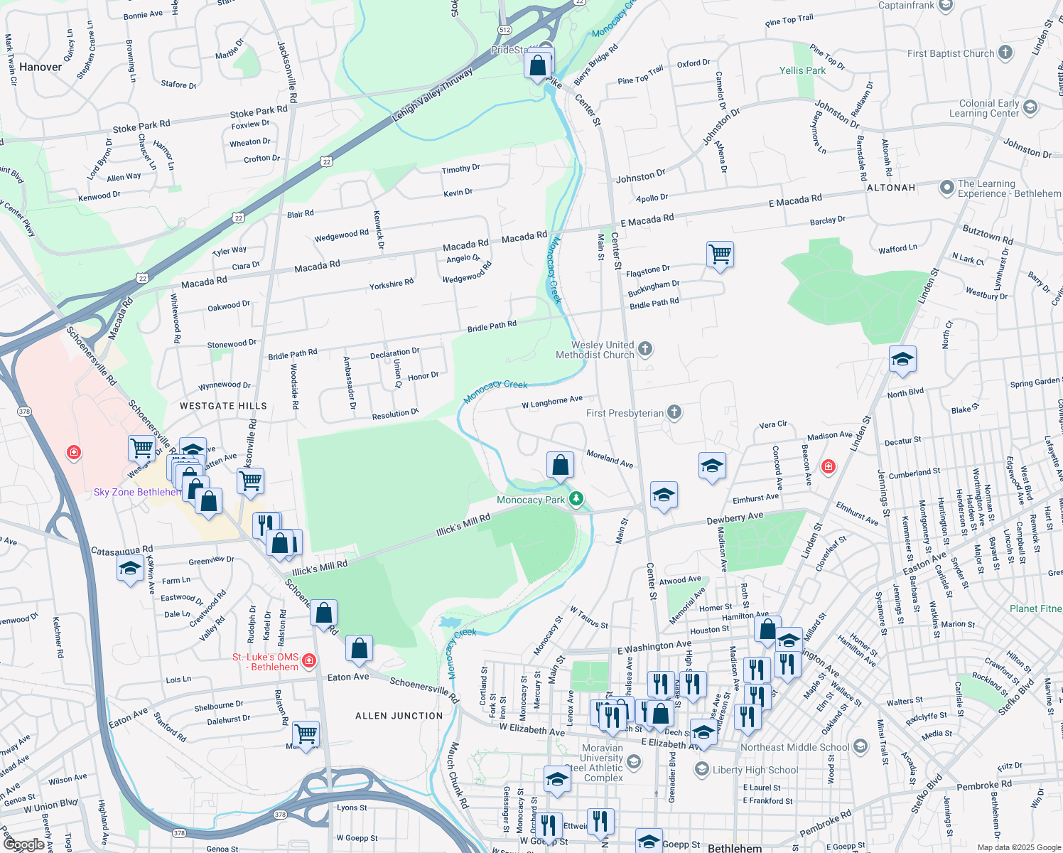 map of restaurants, bars, coffee shops, grocery stores, and more near 238 Moreland Ave in Bethlehem