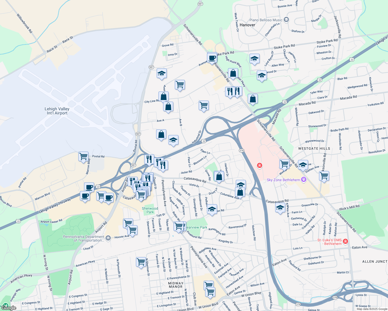 map of restaurants, bars, coffee shops, grocery stores, and more near 2140 Cypress Road in Bethlehem