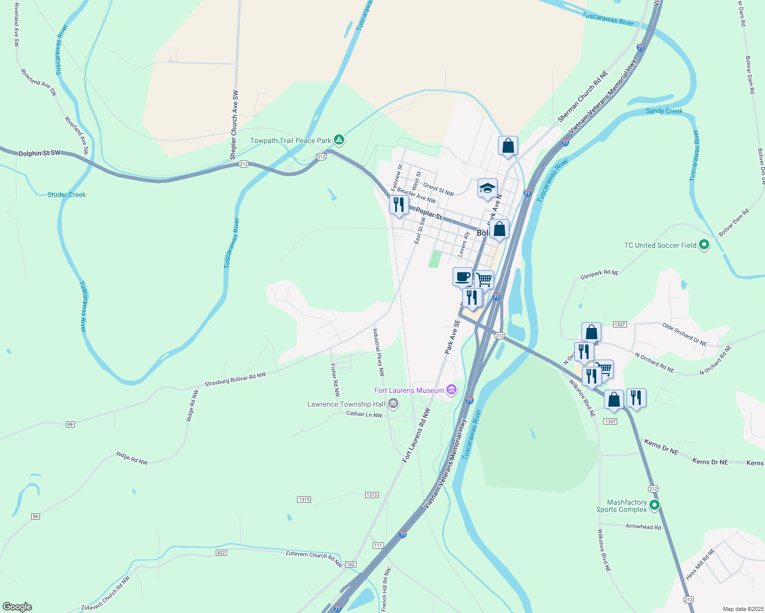 map of restaurants, bars, coffee shops, grocery stores, and more near 11762 Strasburg Bolivar Road Northwest in Bolivar