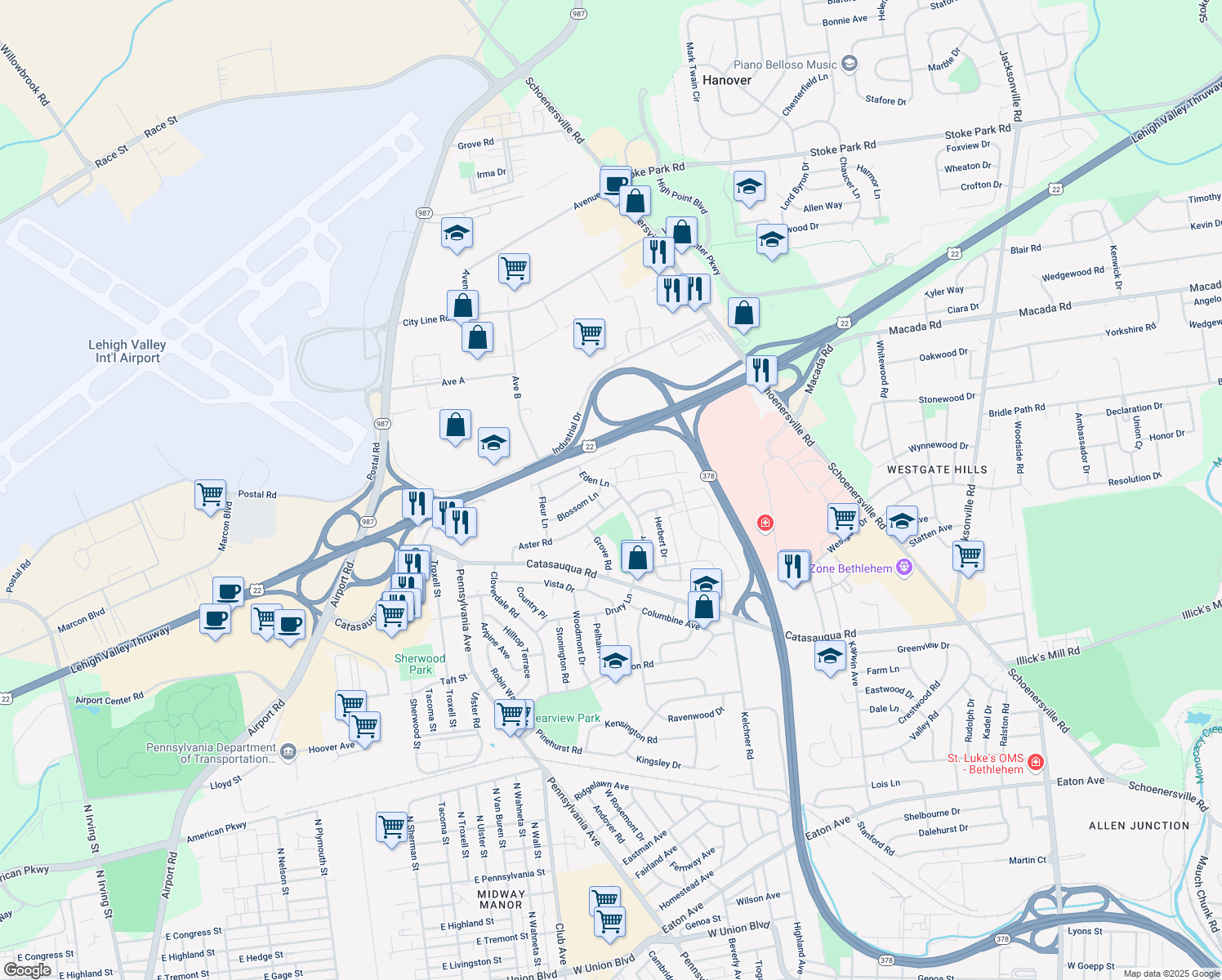 map of restaurants, bars, coffee shops, grocery stores, and more near 2325 Eden Ln in Bethlehem