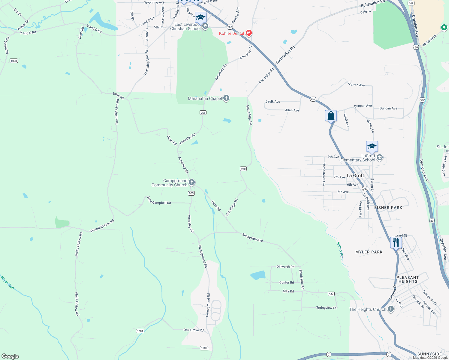 map of restaurants, bars, coffee shops, grocery stores, and more near 1214 Fox Chase Road in East Liverpool
