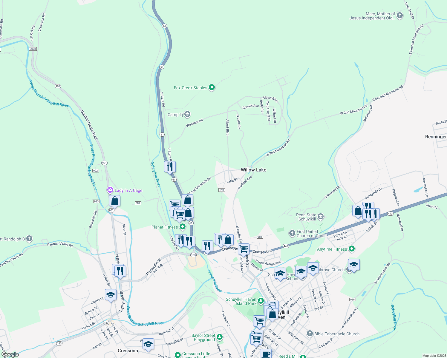 map of restaurants, bars, coffee shops, grocery stores, and more near 10 Arco Road in Pottsville