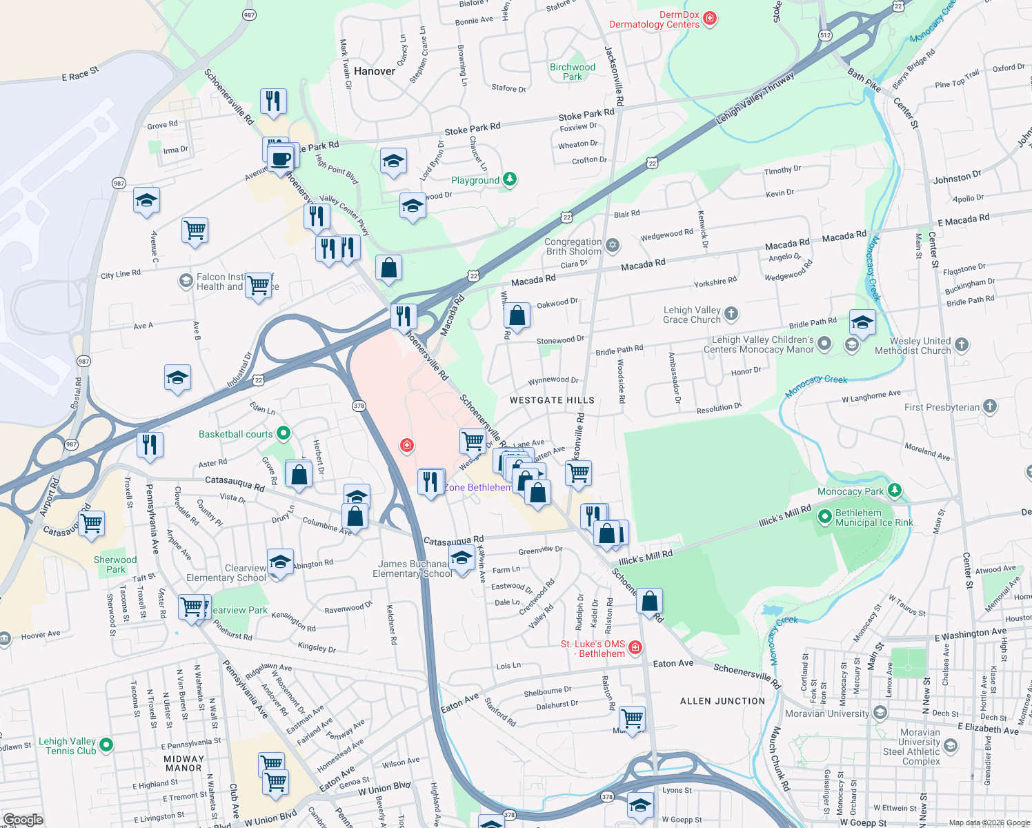 map of restaurants, bars, coffee shops, grocery stores, and more near 1447 Roselawn Dr in Bethlehem