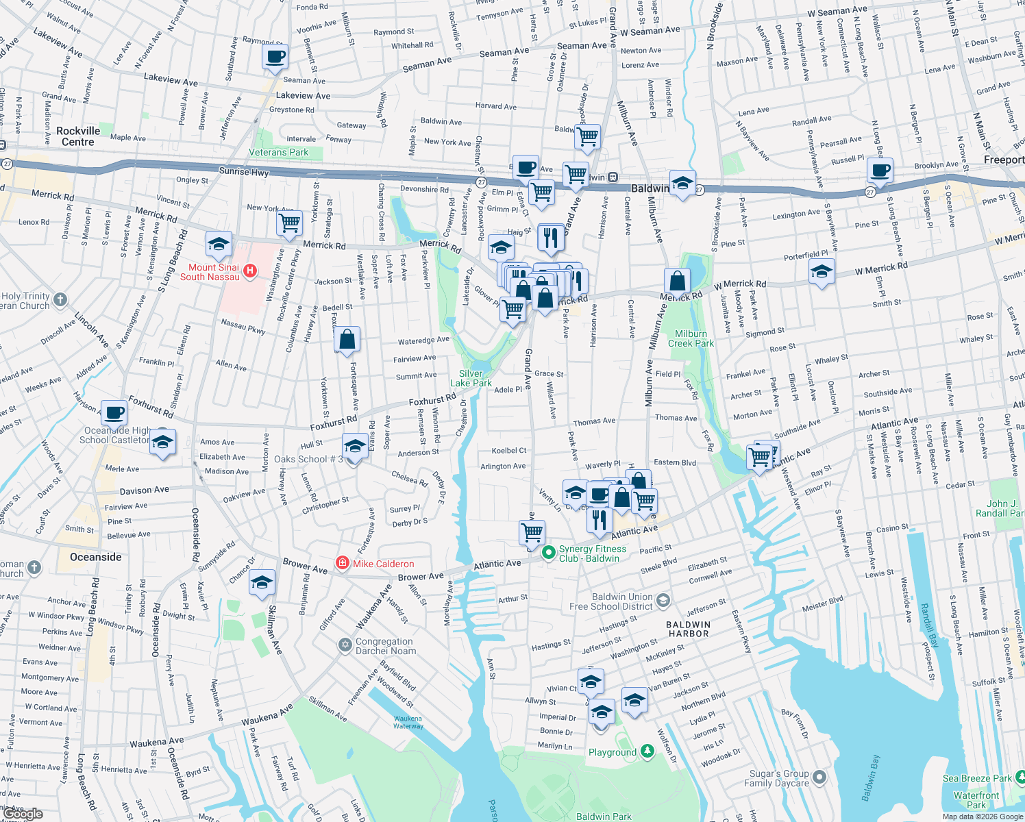 map of restaurants, bars, coffee shops, grocery stores, and more near 6 Riverside Avenue in Baldwin