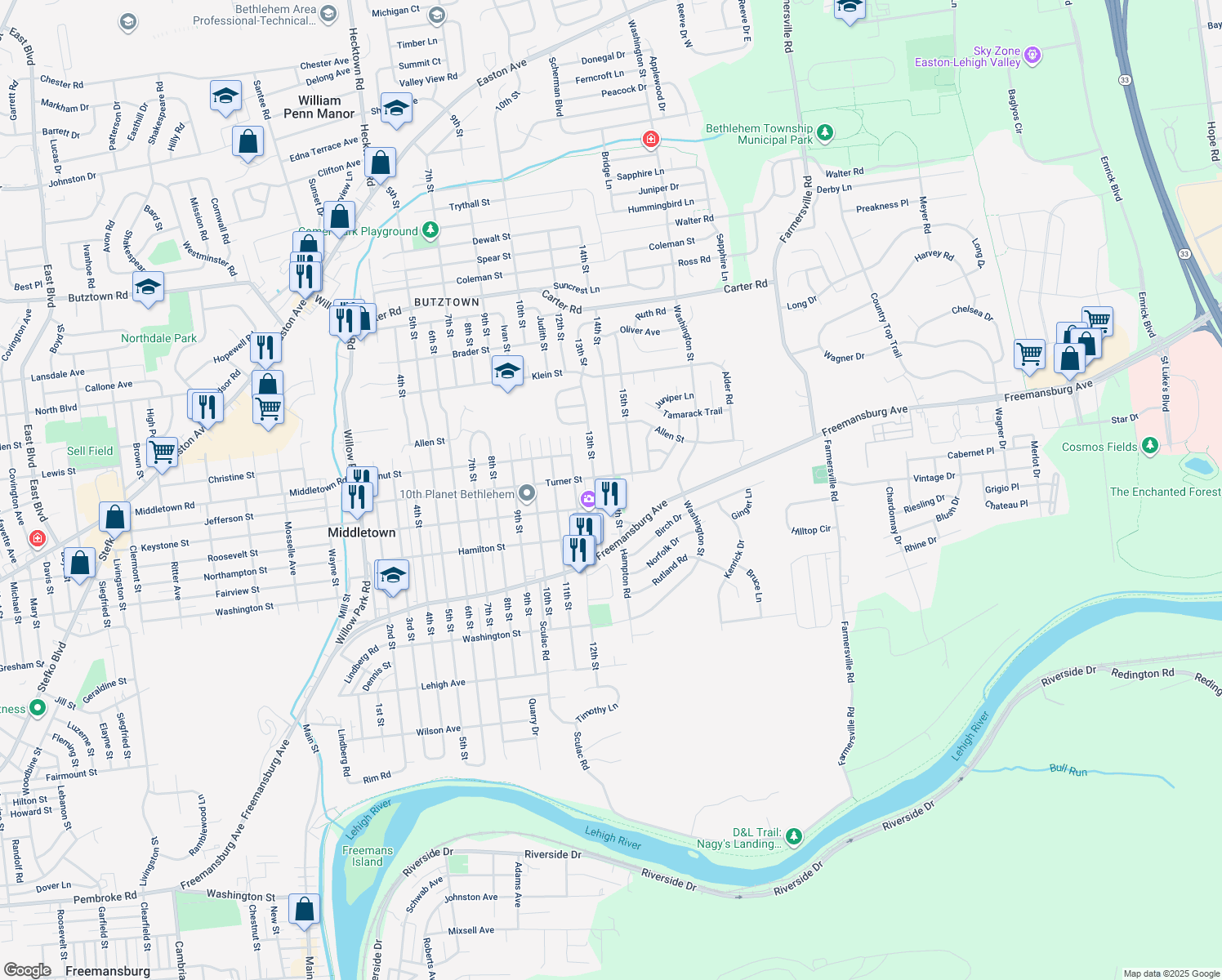 map of restaurants, bars, coffee shops, grocery stores, and more near 2021 14th Street in Bethlehem