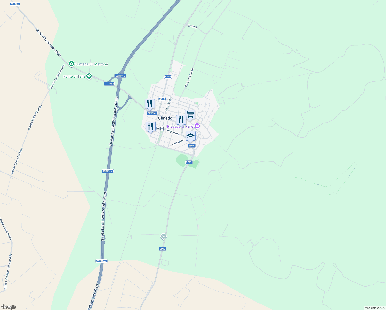 map of restaurants, bars, coffee shops, grocery stores, and more near Via Sardegna in Provincia di Sassari