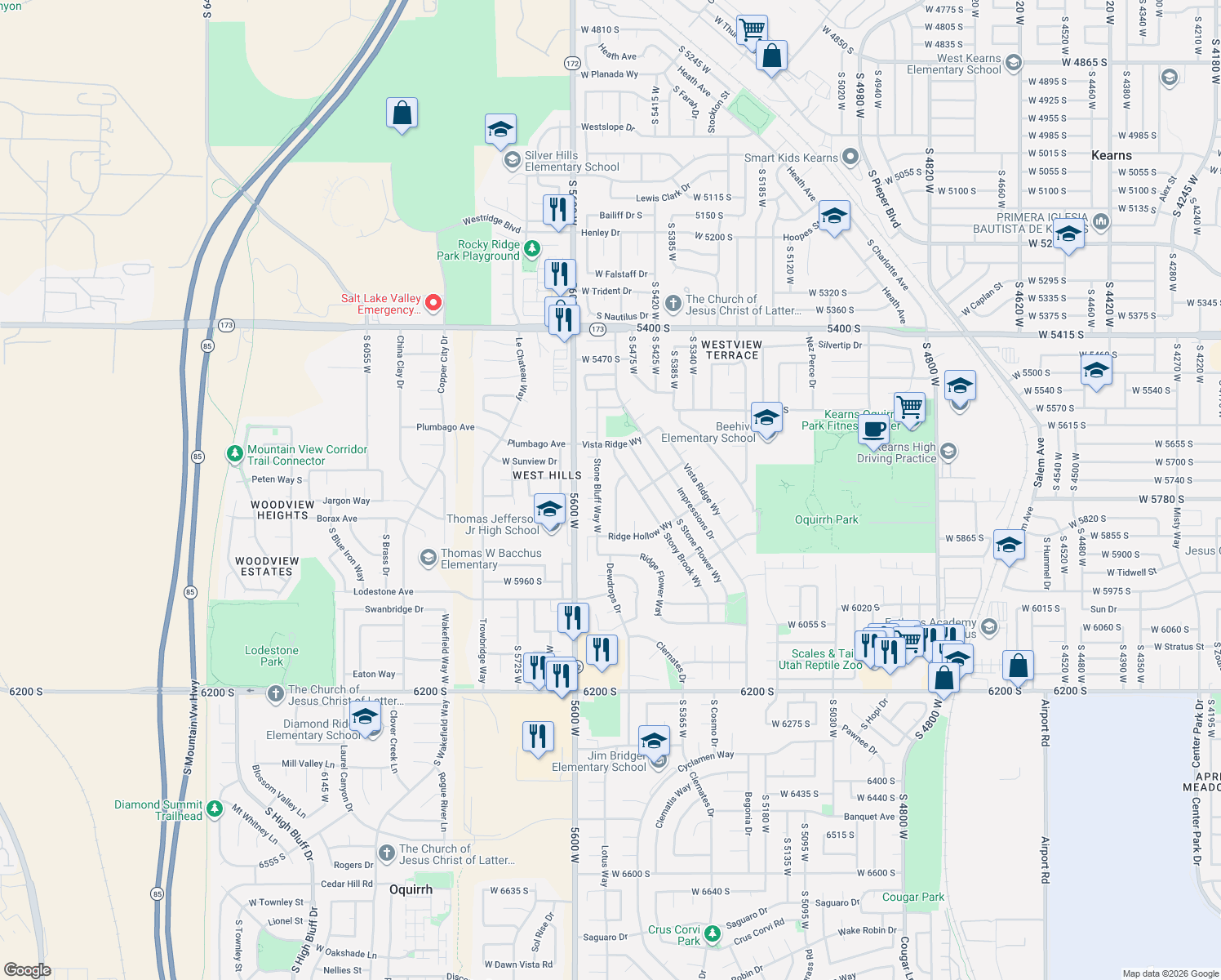 map of restaurants, bars, coffee shops, grocery stores, and more near 5754 Crest Flower Way in Salt Lake City
