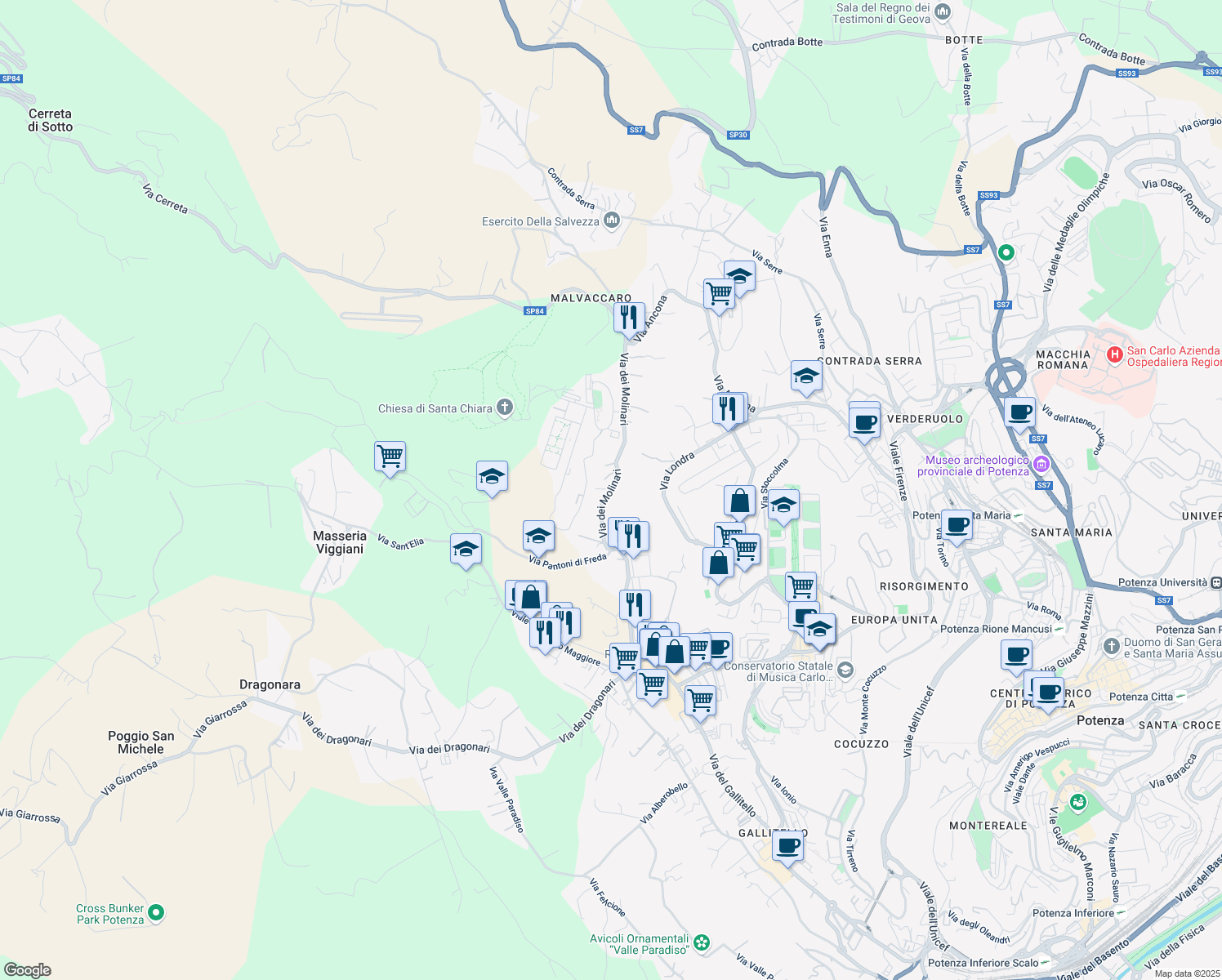 map of restaurants, bars, coffee shops, grocery stores, and more near Via dei Molinari in Potenza