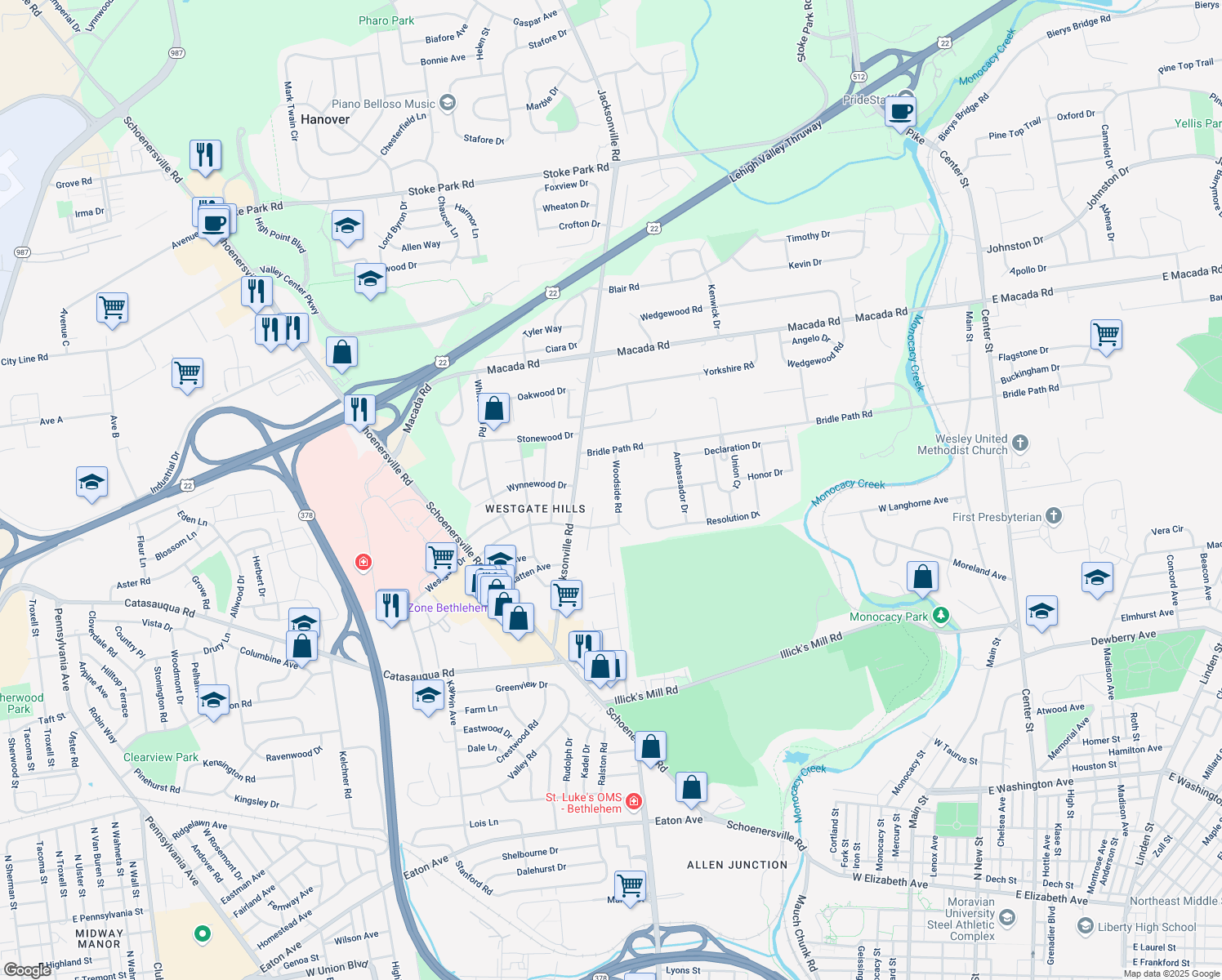 map of restaurants, bars, coffee shops, grocery stores, and more near 2665 Woodside Rd in Bethlehem