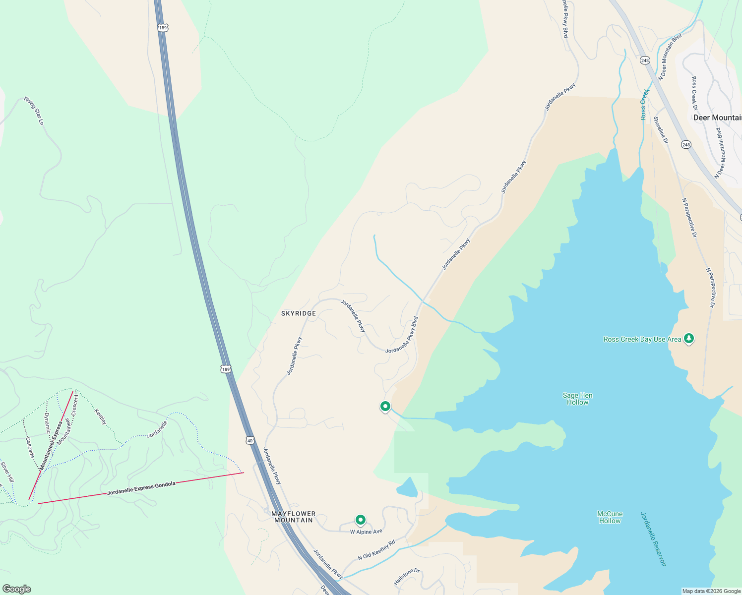 map of restaurants, bars, coffee shops, grocery stores, and more near Parks Edge to Jordanelle Trail in Heber City