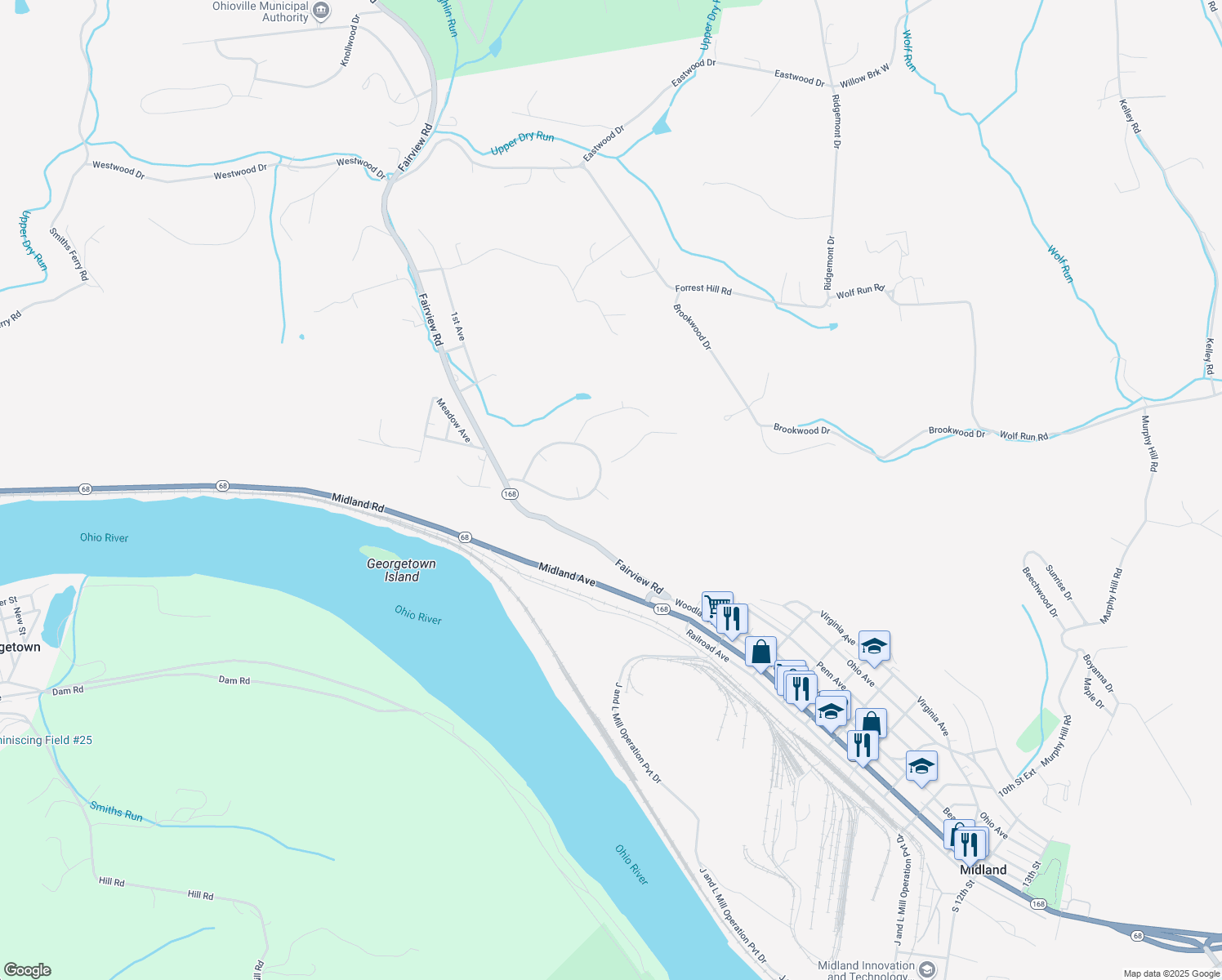 map of restaurants, bars, coffee shops, grocery stores, and more near 19 Midland Heights Circle in Midland
