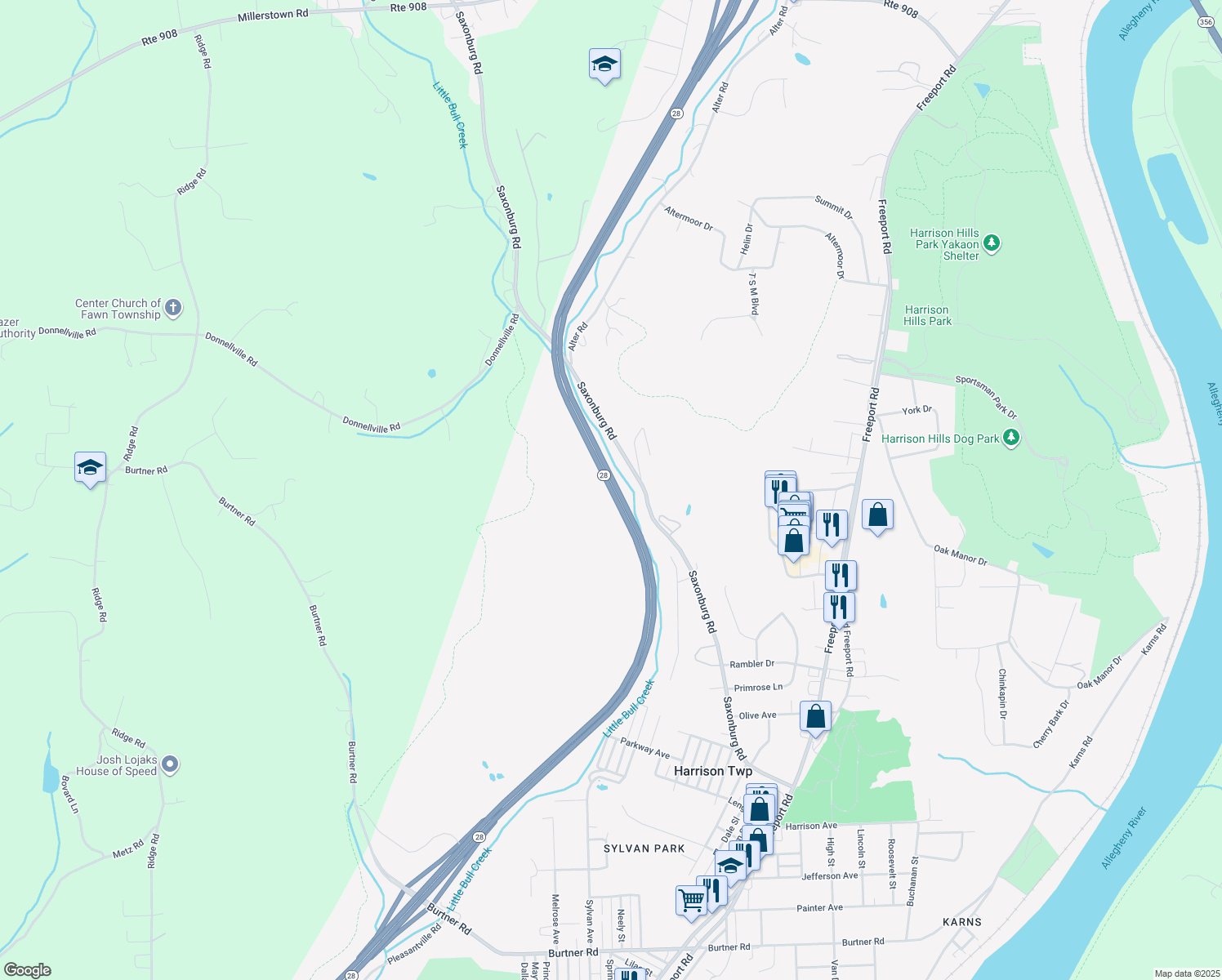 map of restaurants, bars, coffee shops, grocery stores, and more near Highway 28 in Natrona Heights
