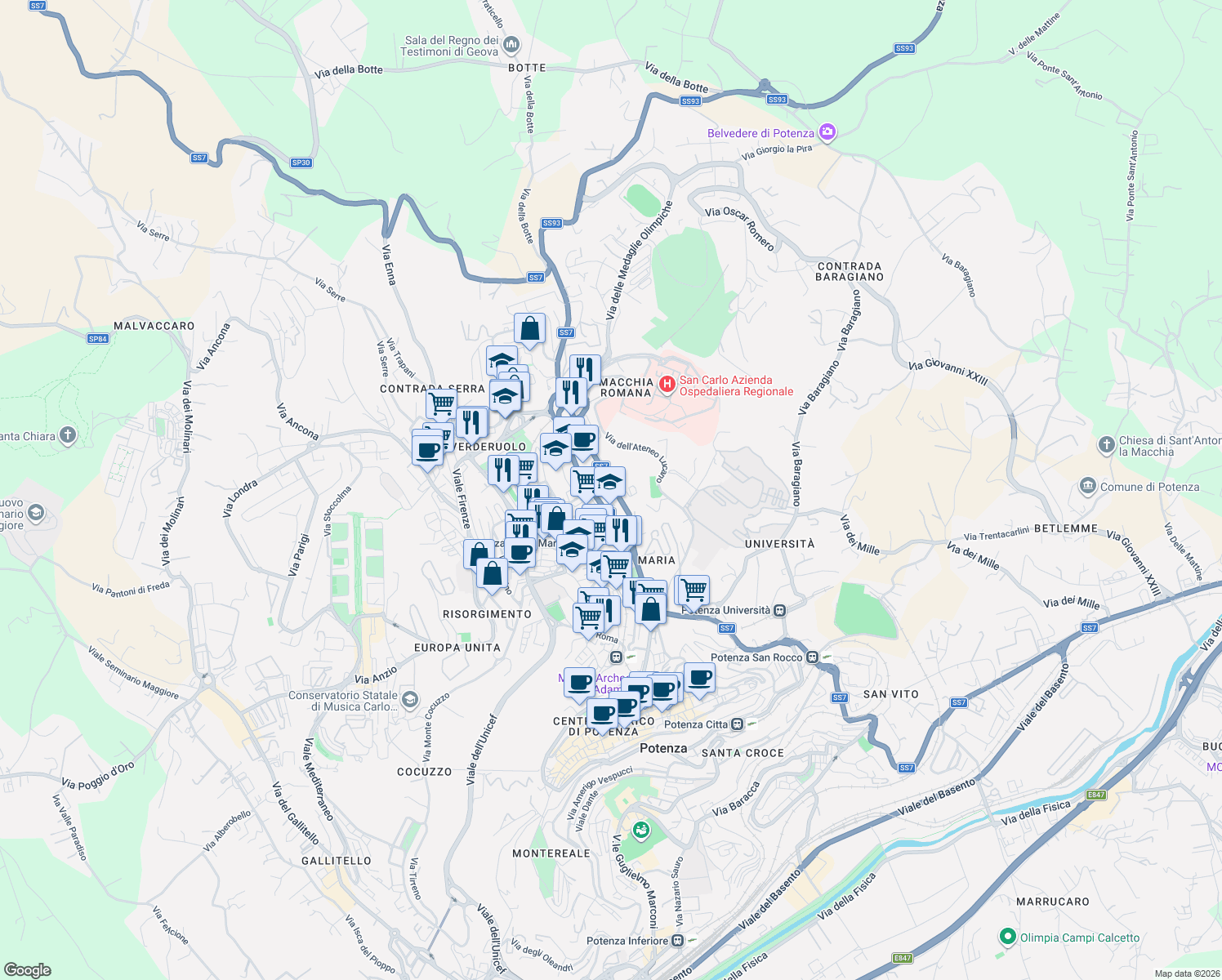 map of restaurants, bars, coffee shops, grocery stores, and more near 11 Via Ettore Ciccotti in Potenza