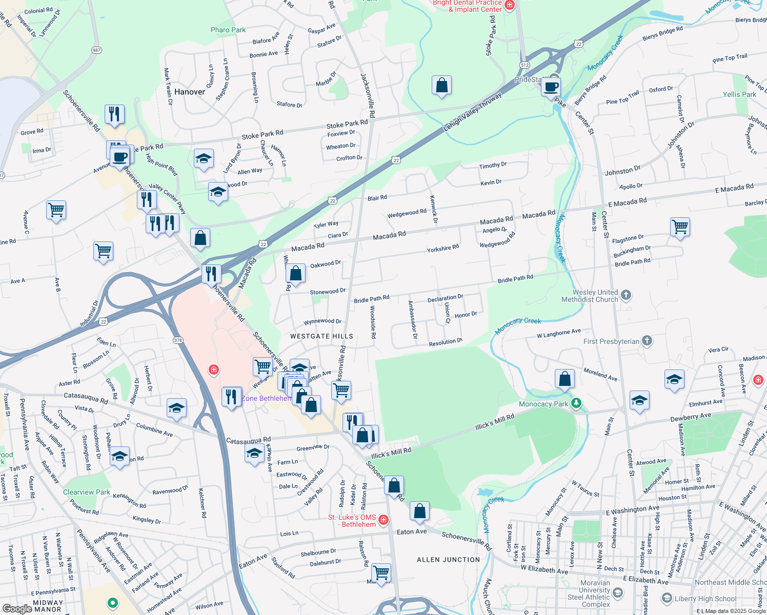 map of restaurants, bars, coffee shops, grocery stores, and more near 1125 Bridle Path Rd in Bethlehem