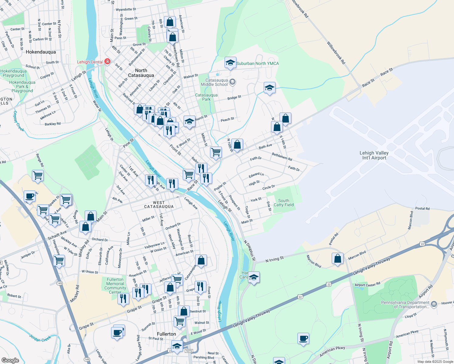 map of restaurants, bars, coffee shops, grocery stores, and more near 147 Poplar Street in Catasauqua