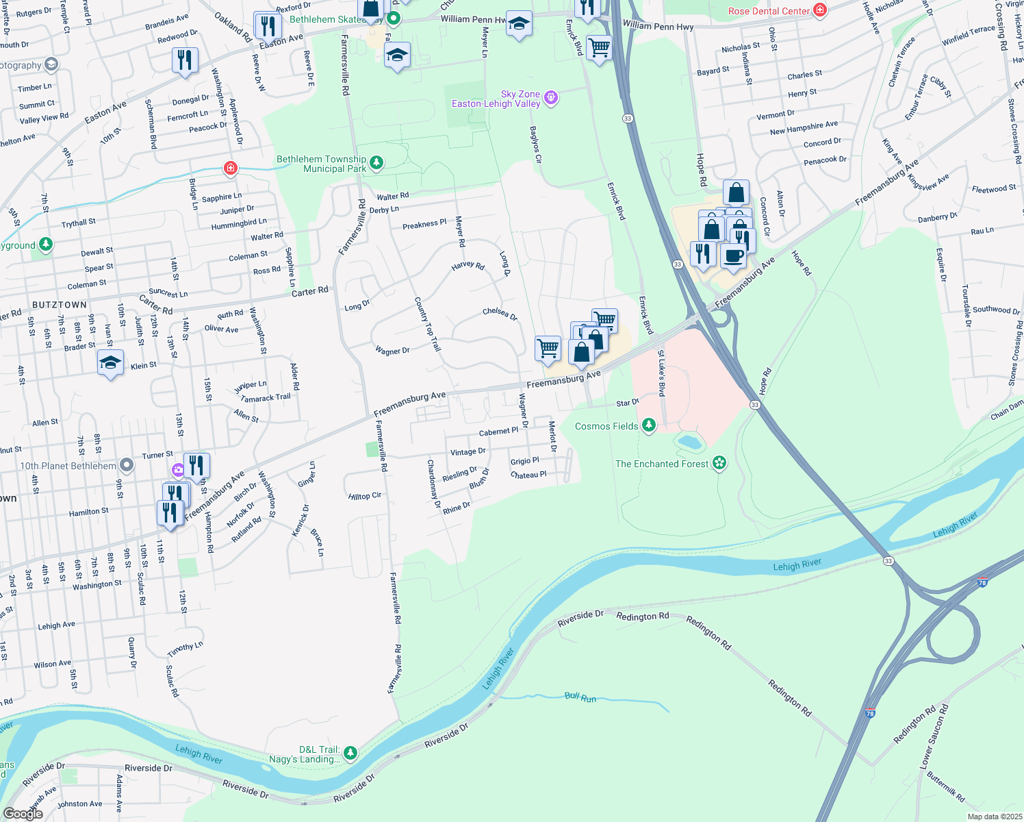 map of restaurants, bars, coffee shops, grocery stores, and more near 1951 Beaujolais Place in Easton