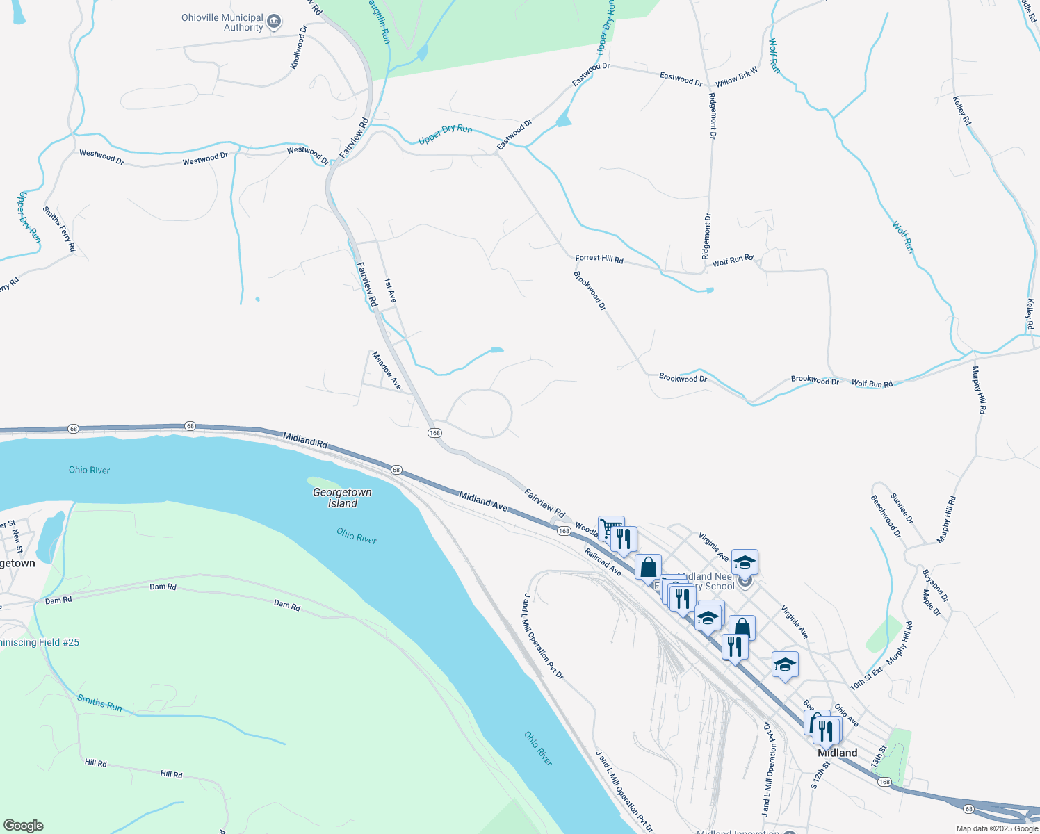 map of restaurants, bars, coffee shops, grocery stores, and more near 1-99 Midcrest Homes in Midland