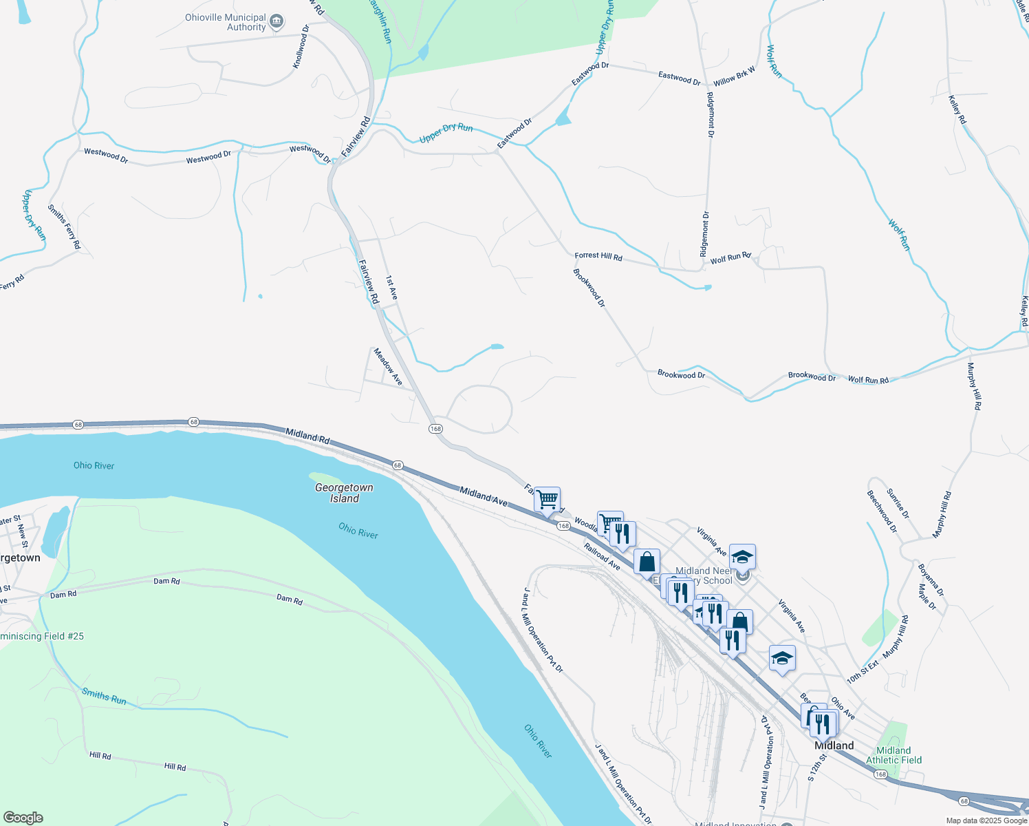 map of restaurants, bars, coffee shops, grocery stores, and more near 28 Midland Heights Circle in Midland