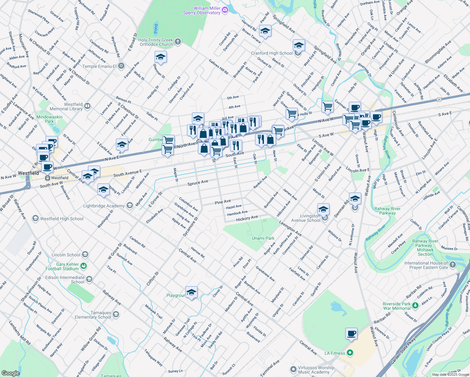 map of restaurants, bars, coffee shops, grocery stores, and more near 316 Beech Ave in Garwood