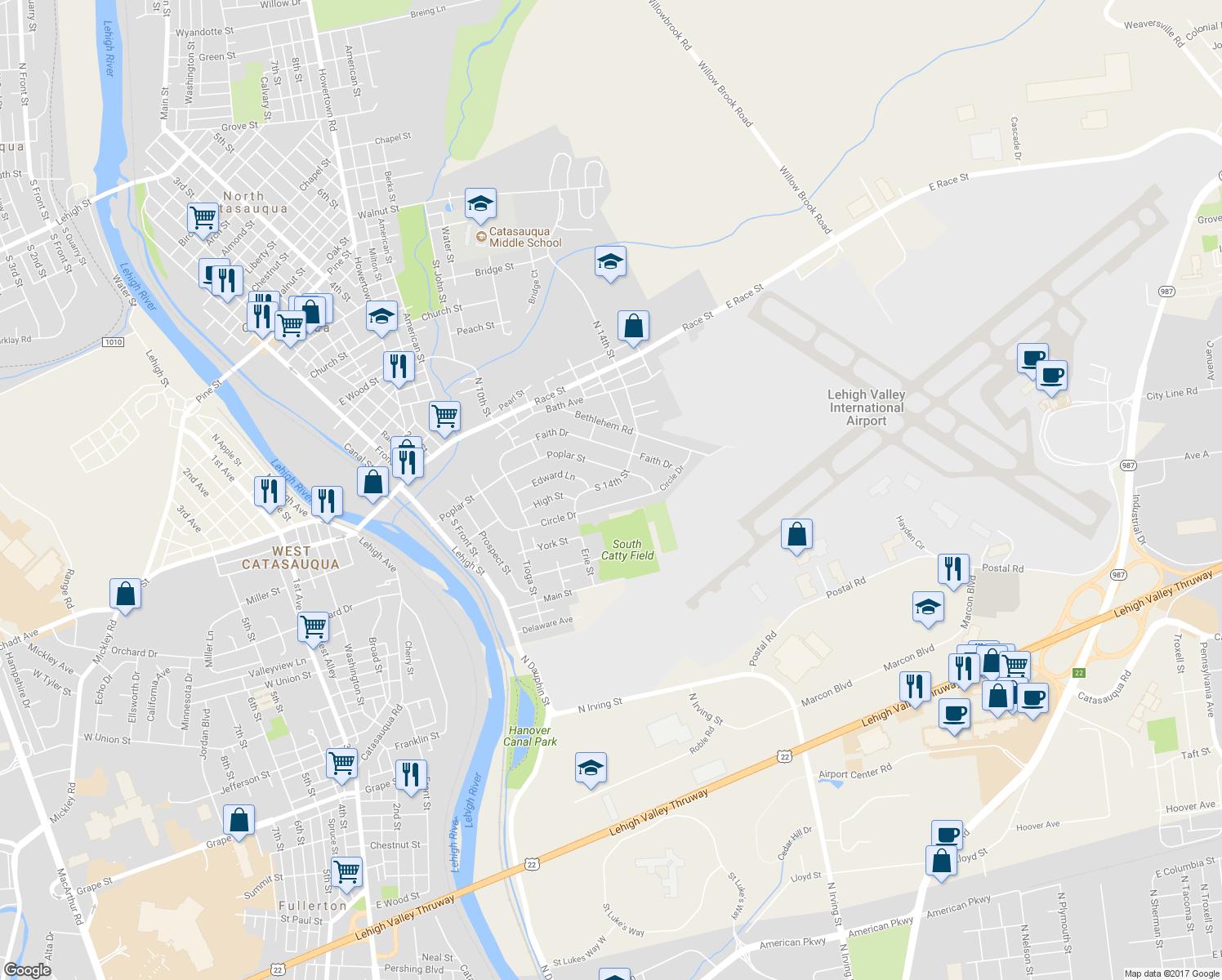 map of restaurants, bars, coffee shops, grocery stores, and more near 615 South 14th Street in Catasauqua