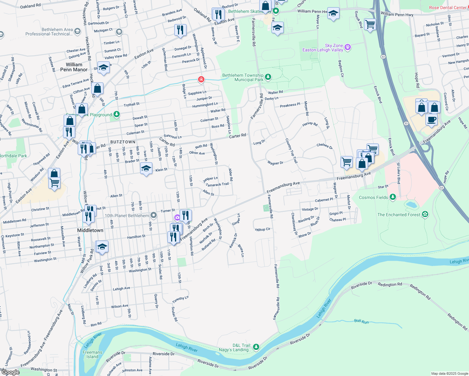 map of restaurants, bars, coffee shops, grocery stores, and more near 4275 Alder Road in Bethlehem