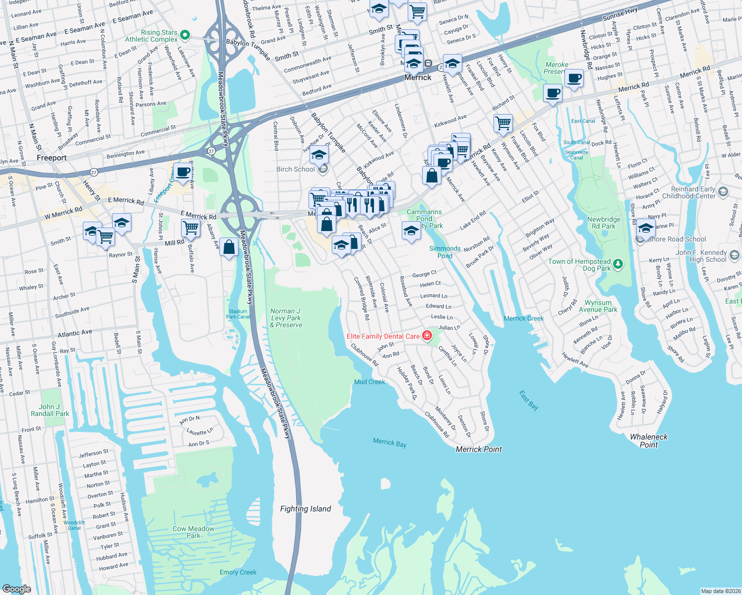 map of restaurants, bars, coffee shops, grocery stores, and more near 2754 Riverside Avenue in Merrick