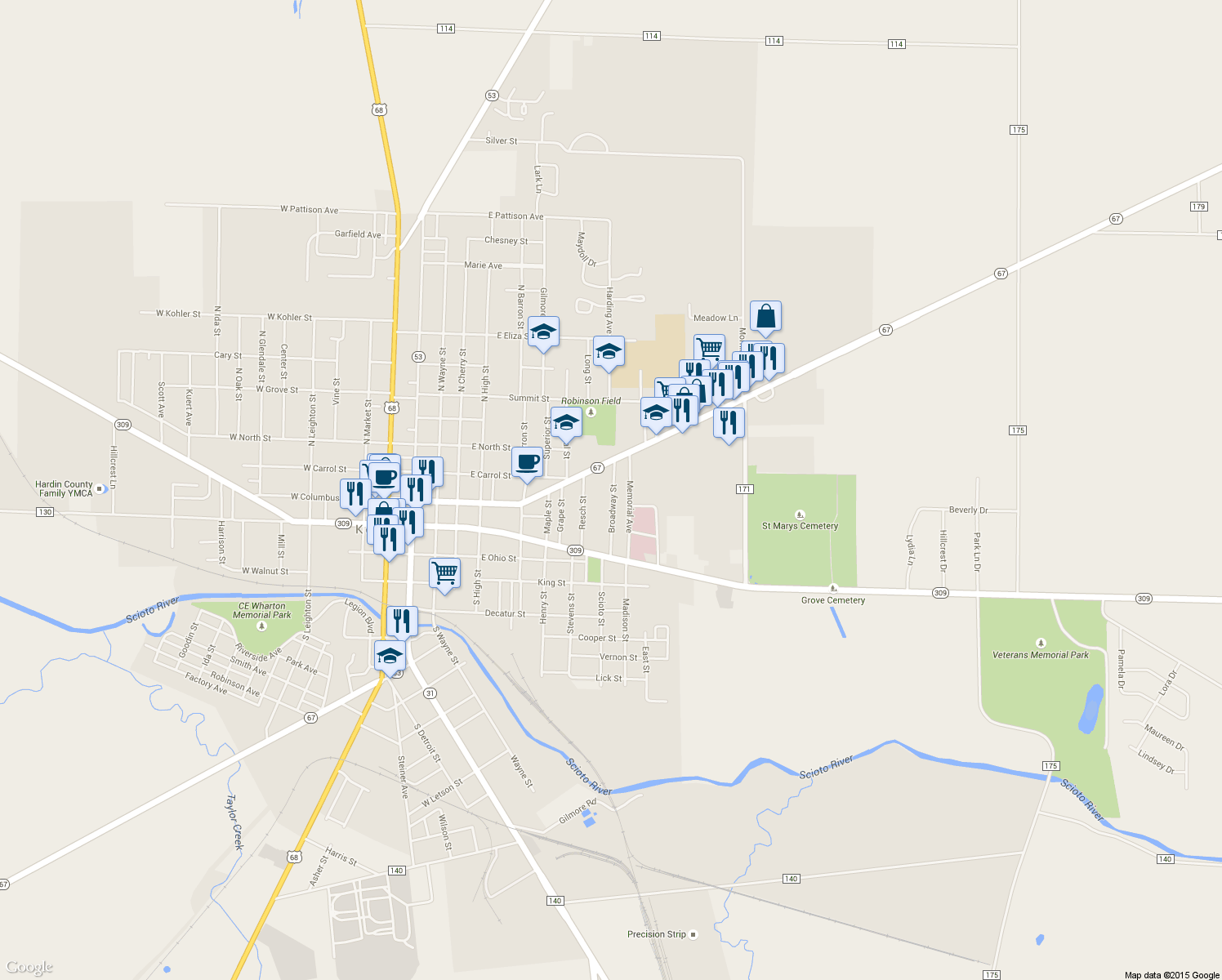 map of restaurants, bars, coffee shops, grocery stores, and more near 95 Broadway St in Kenton