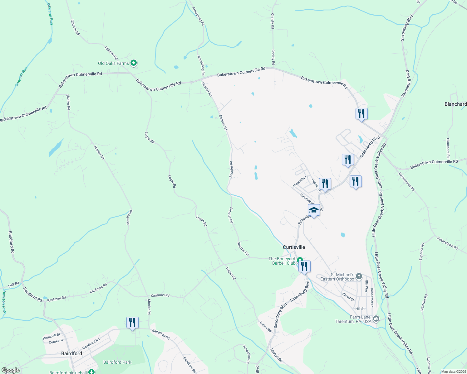 map of restaurants, bars, coffee shops, grocery stores, and more near 156 Shuster Road in Gibsonia