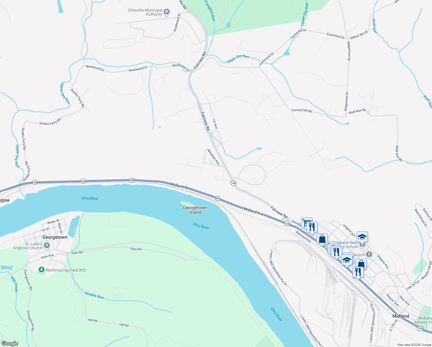 map of restaurants, bars, coffee shops, grocery stores, and more near 108 Undercliff Road in Midland