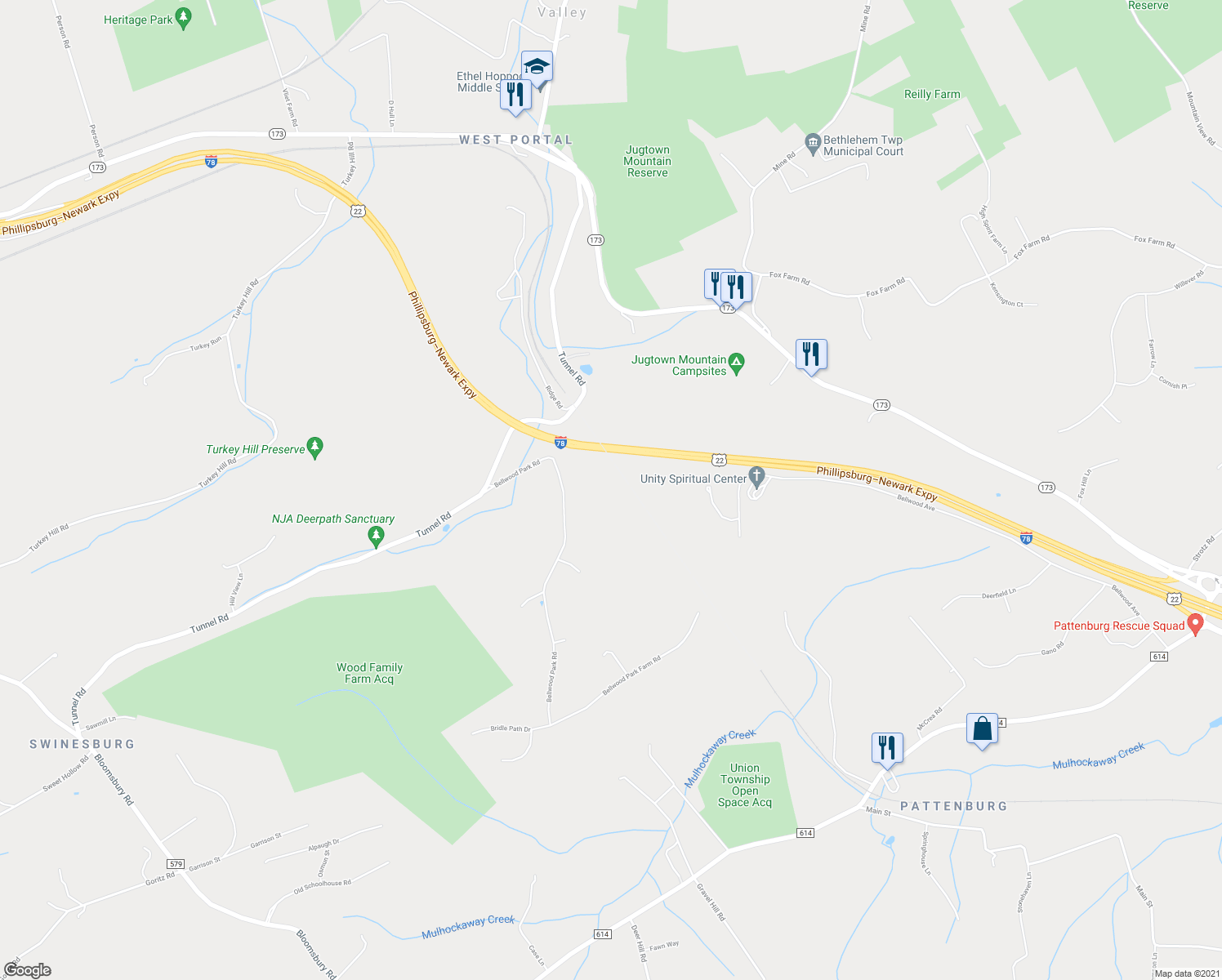 map of restaurants, bars, coffee shops, grocery stores, and more near 524 Bellwood Park Road in Asbury