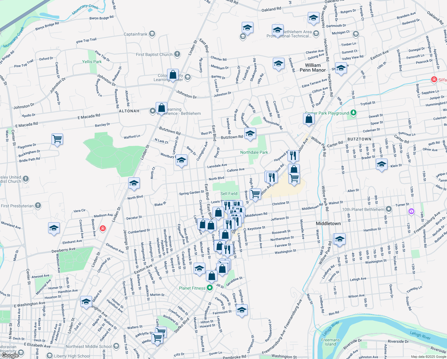 map of restaurants, bars, coffee shops, grocery stores, and more near 1550 North Boulevard in Bethlehem