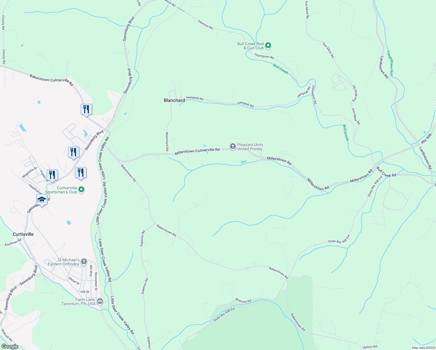 map of restaurants, bars, coffee shops, grocery stores, and more near 150 Millerstown Culmerville Road in Tarentum